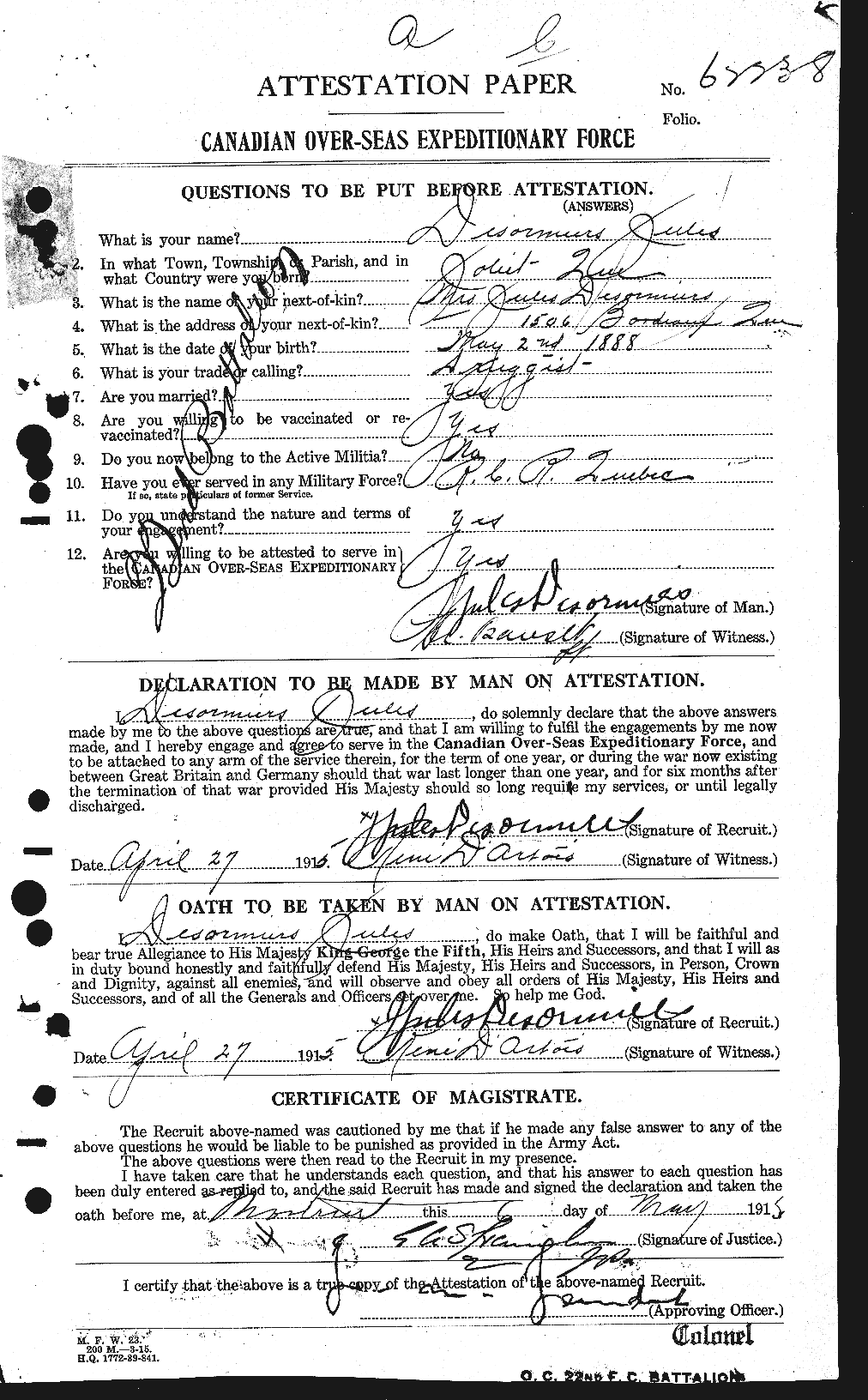 Dossiers du Personnel de la Première Guerre mondiale - CEC 291450a