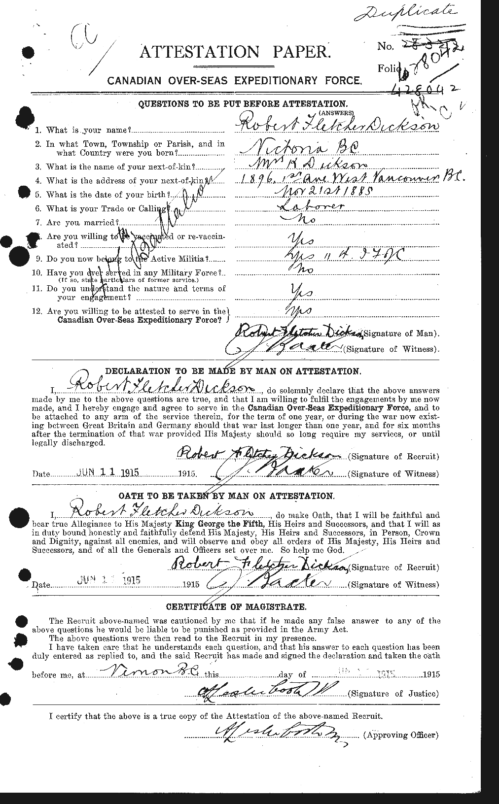 Dossiers du Personnel de la Première Guerre mondiale - CEC 291651a