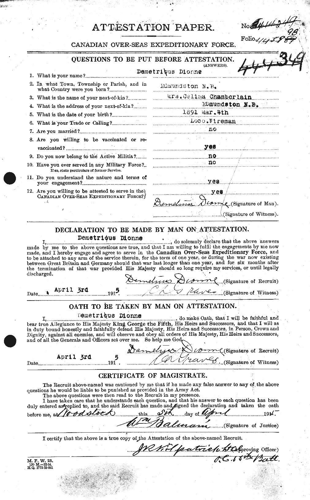 Dossiers du Personnel de la Première Guerre mondiale - CEC 292575a