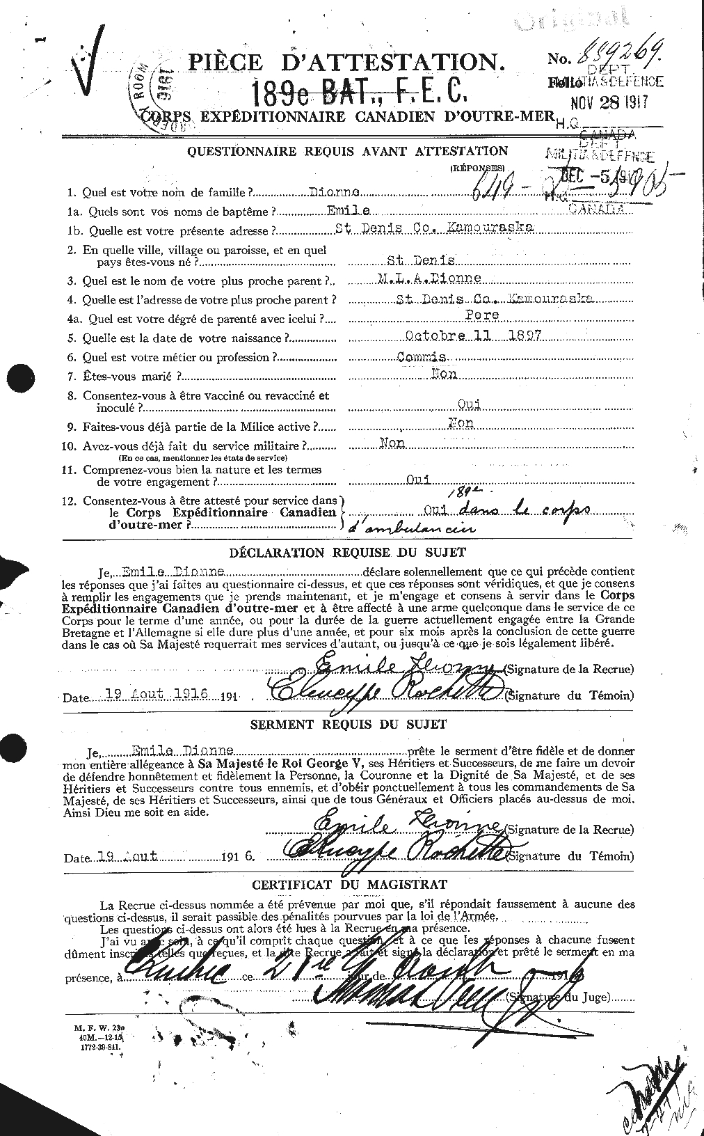 Personnel Records of the First World War - CEF 292585a