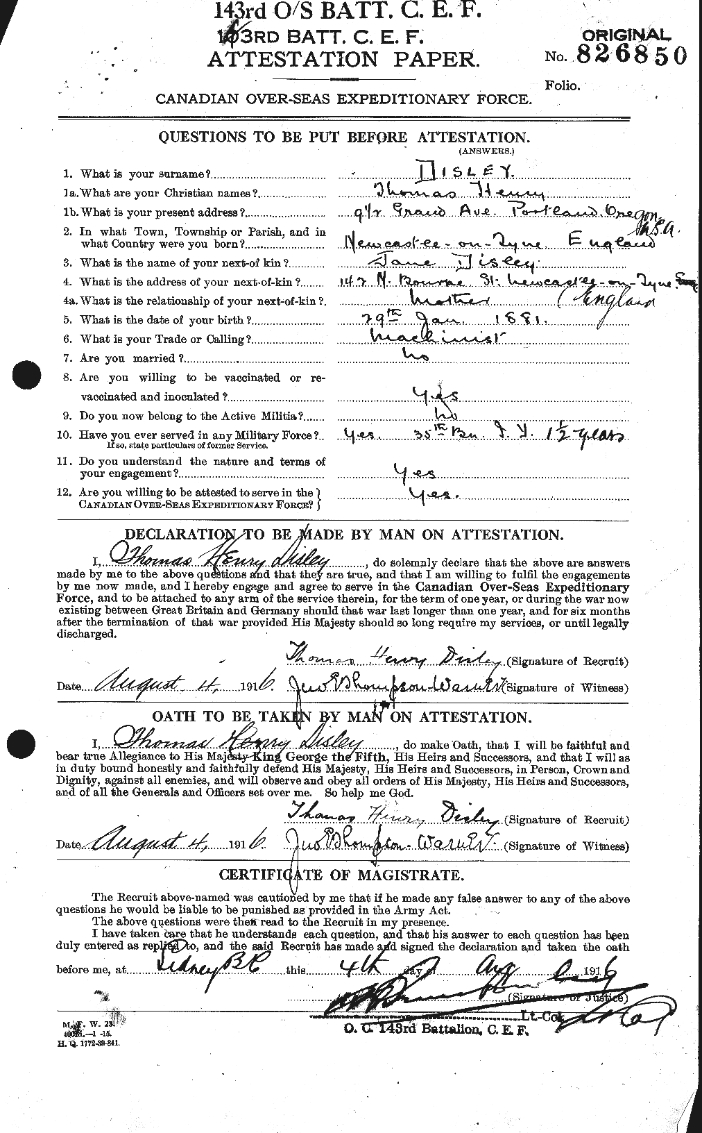 Dossiers du Personnel de la Première Guerre mondiale - CEC 292768a