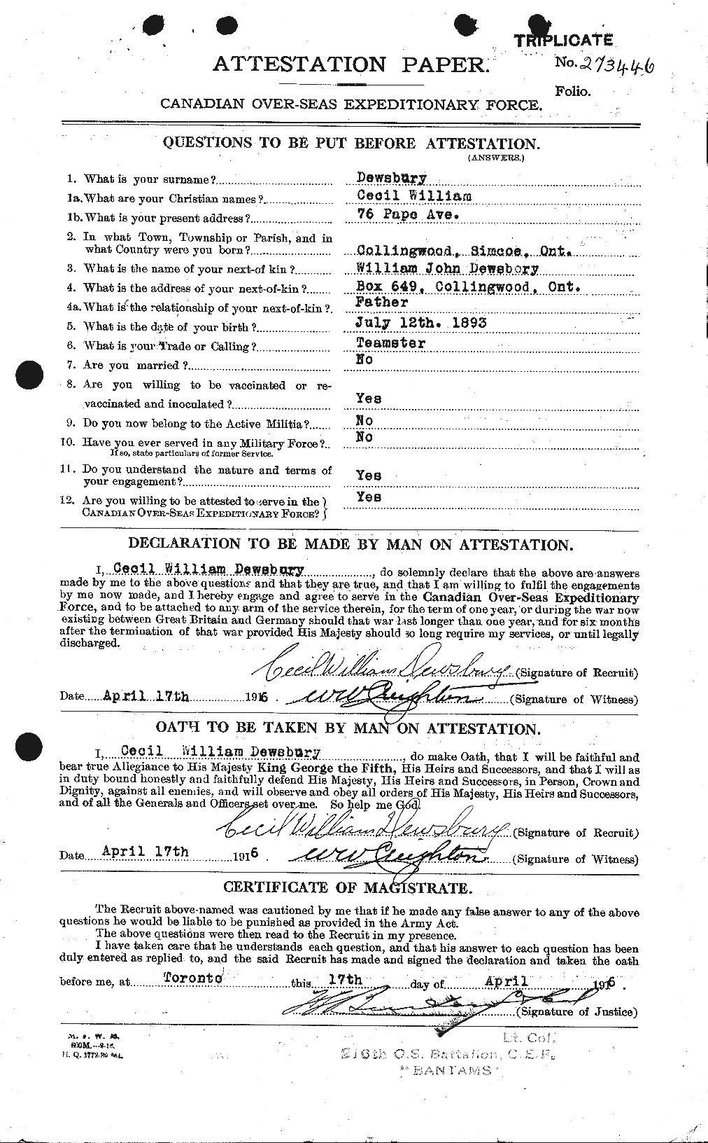 Dossiers du Personnel de la Première Guerre mondiale - CEC 293126a