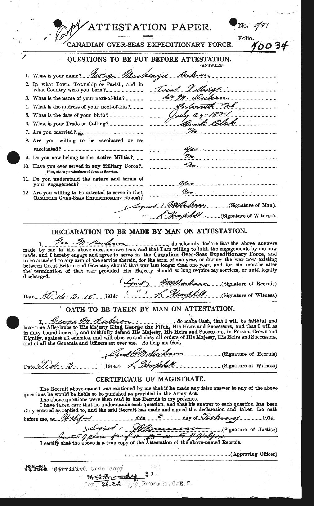 Dossiers du Personnel de la Première Guerre mondiale - CEC 293500a