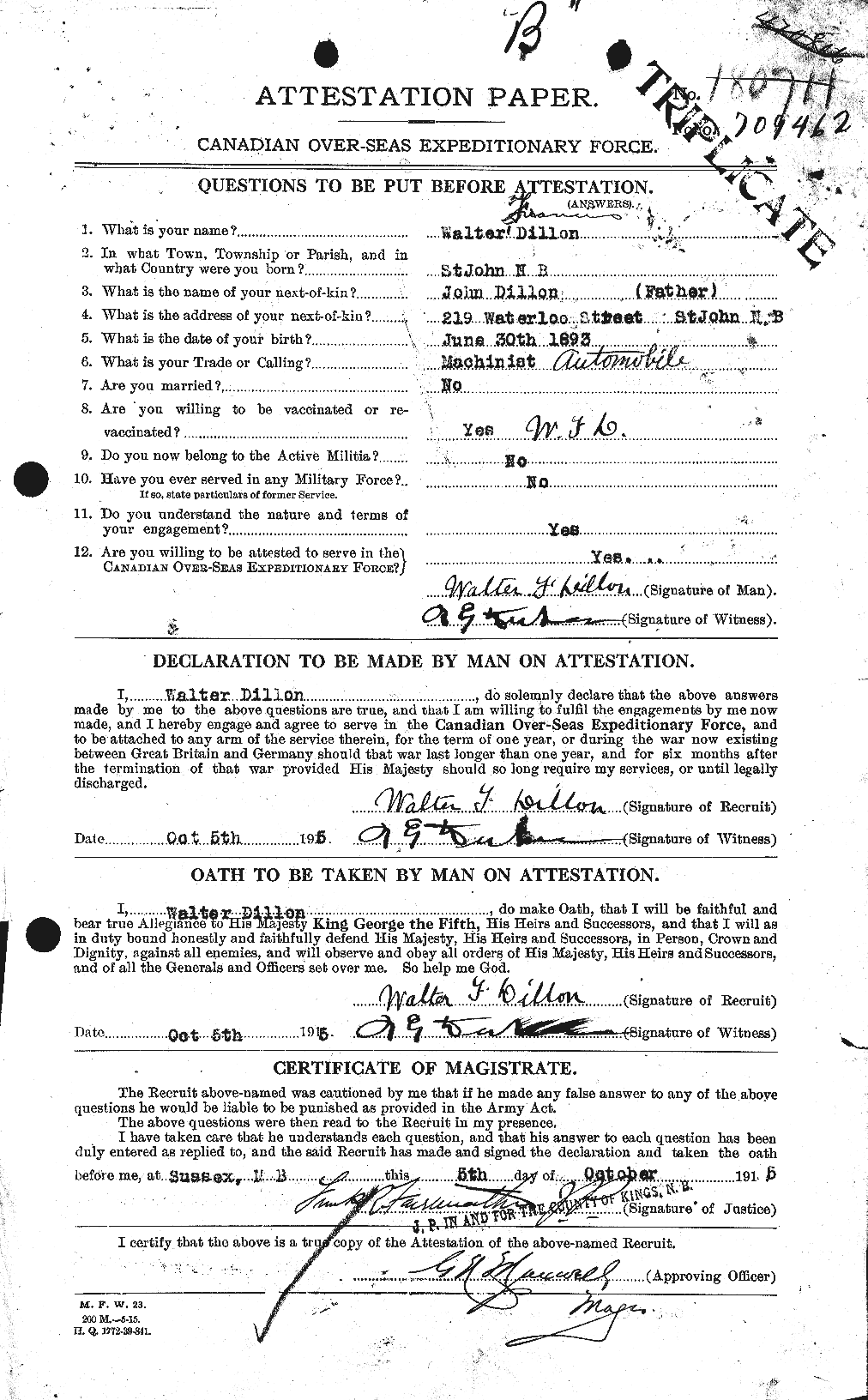 Dossiers du Personnel de la Première Guerre mondiale - CEC 293741a