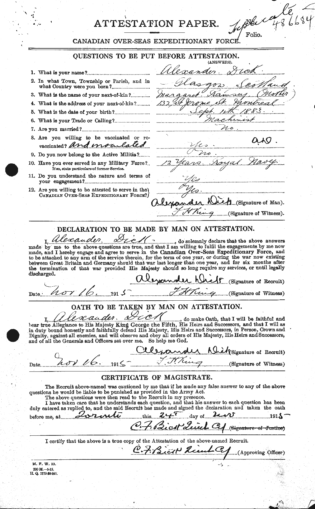 Dossiers du Personnel de la Première Guerre mondiale - CEC 294019a