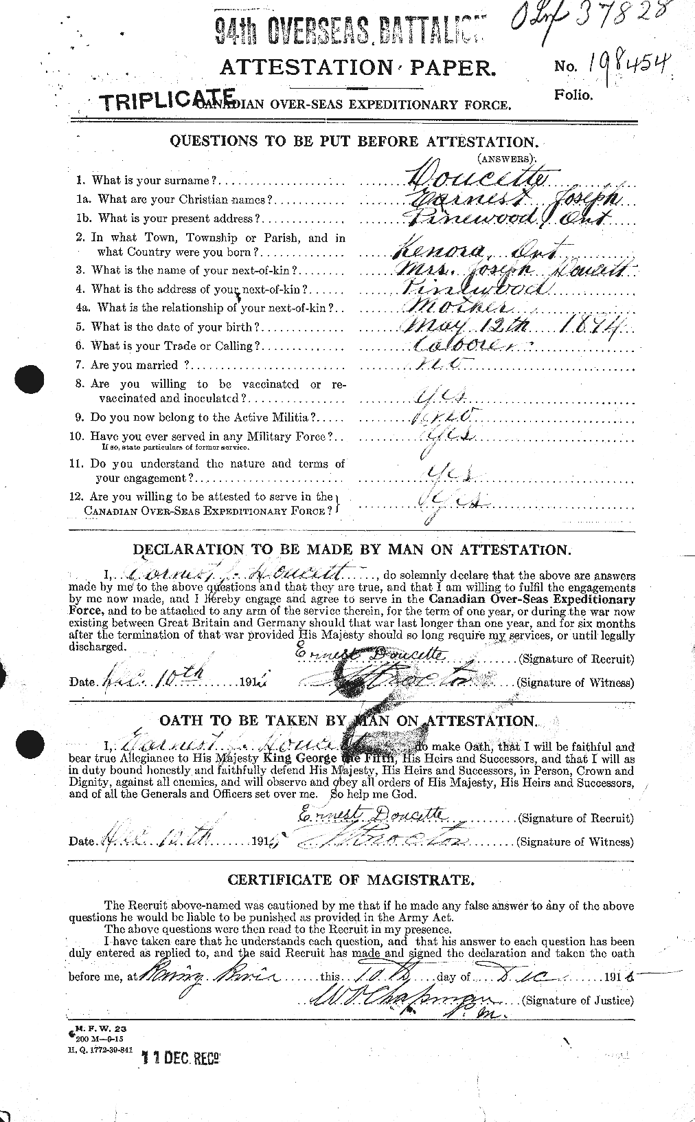 Dossiers du Personnel de la Première Guerre mondiale - CEC 294066a