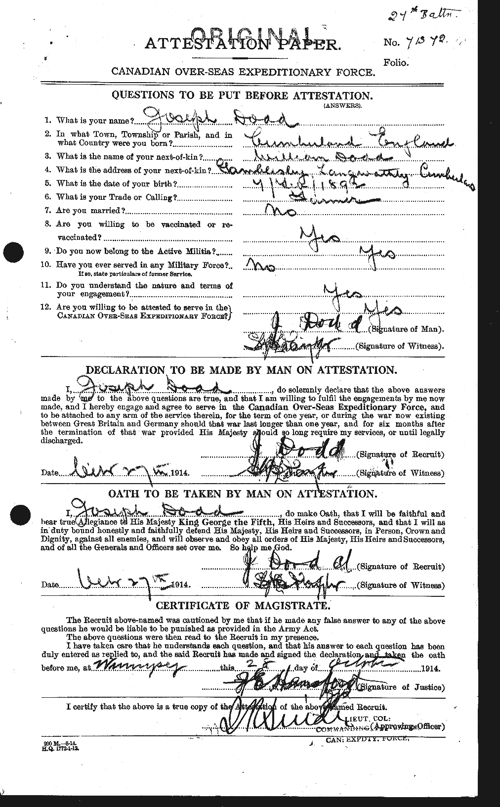 Dossiers du Personnel de la Première Guerre mondiale - CEC 294298a
