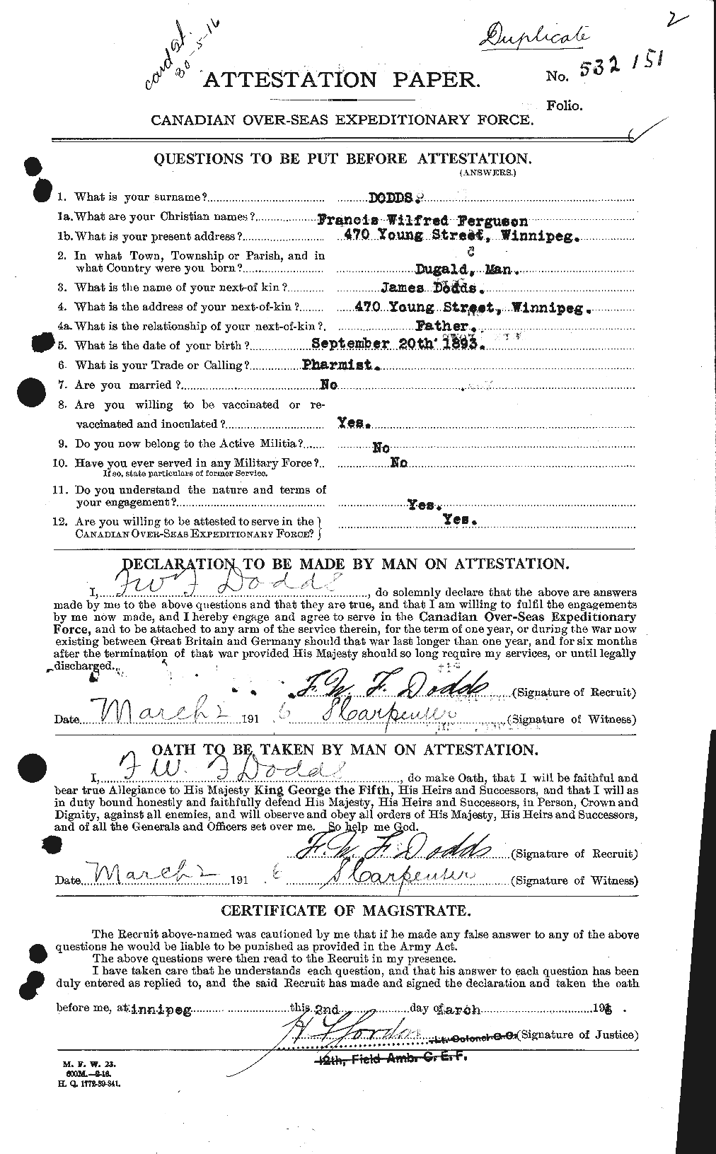 Dossiers du Personnel de la Première Guerre mondiale - CEC 294371a