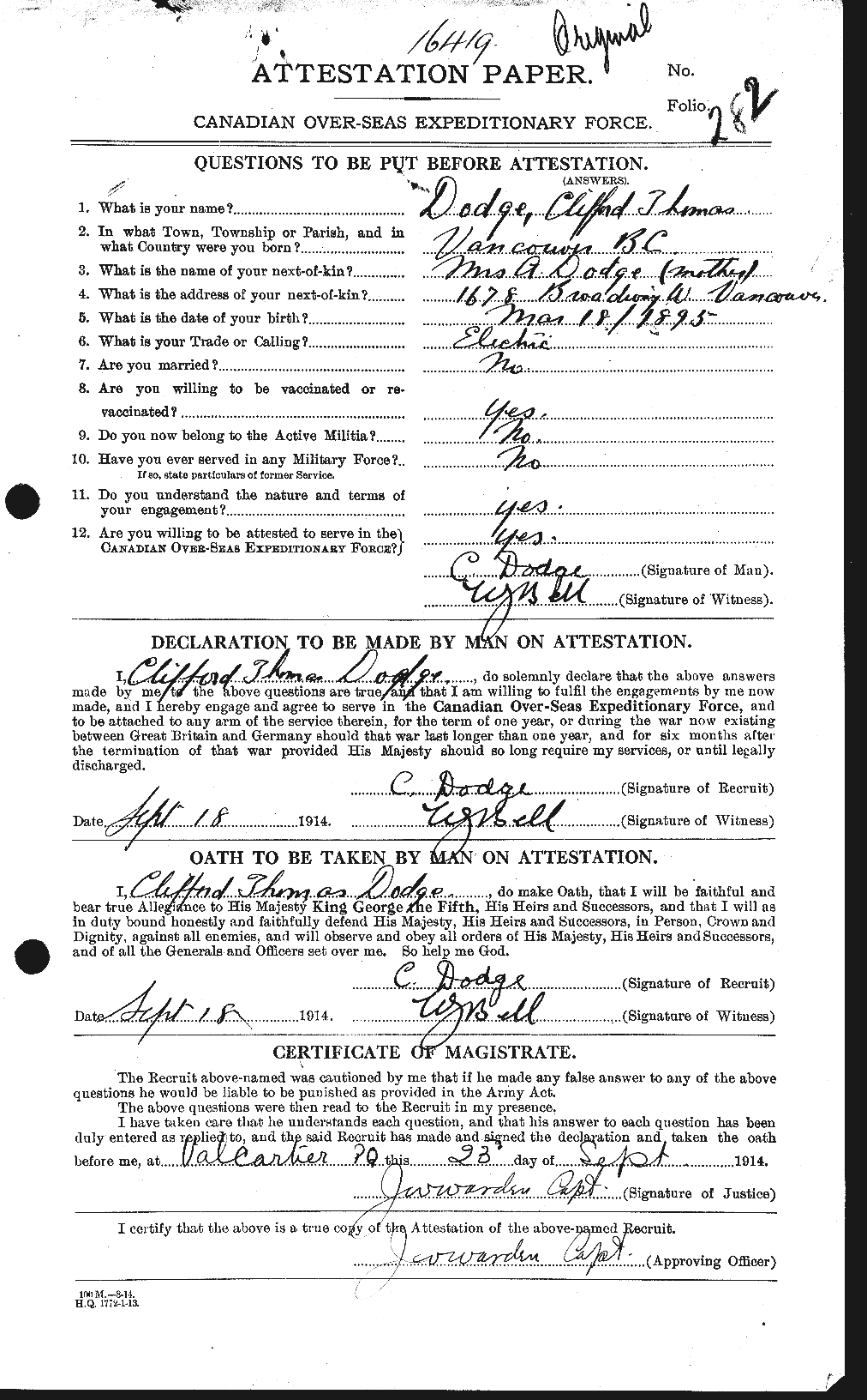 Dossiers du Personnel de la Première Guerre mondiale - CEC 294459a