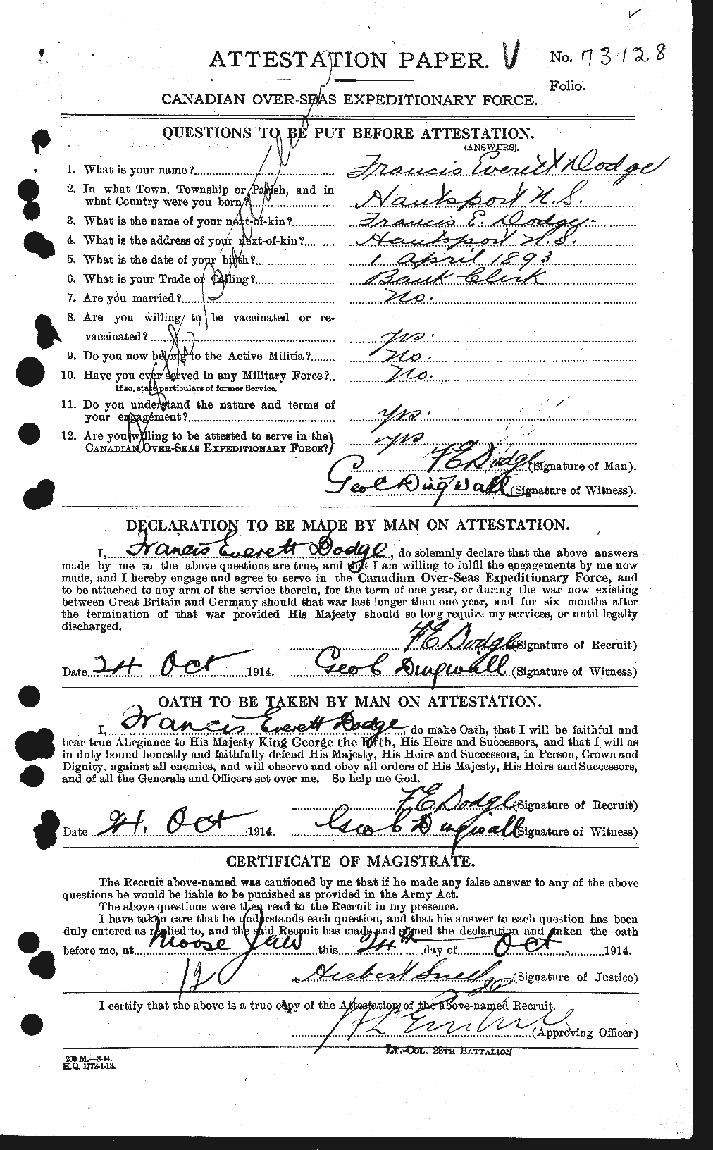 Dossiers du Personnel de la Première Guerre mondiale - CEC 294465a