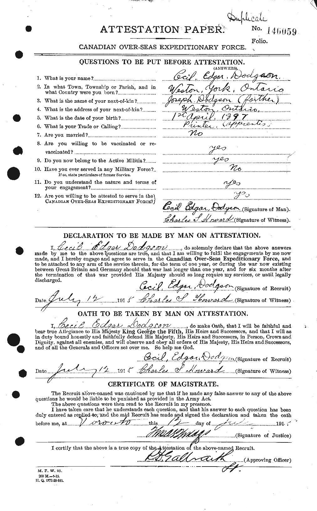 Dossiers du Personnel de la Première Guerre mondiale - CEC 294495a