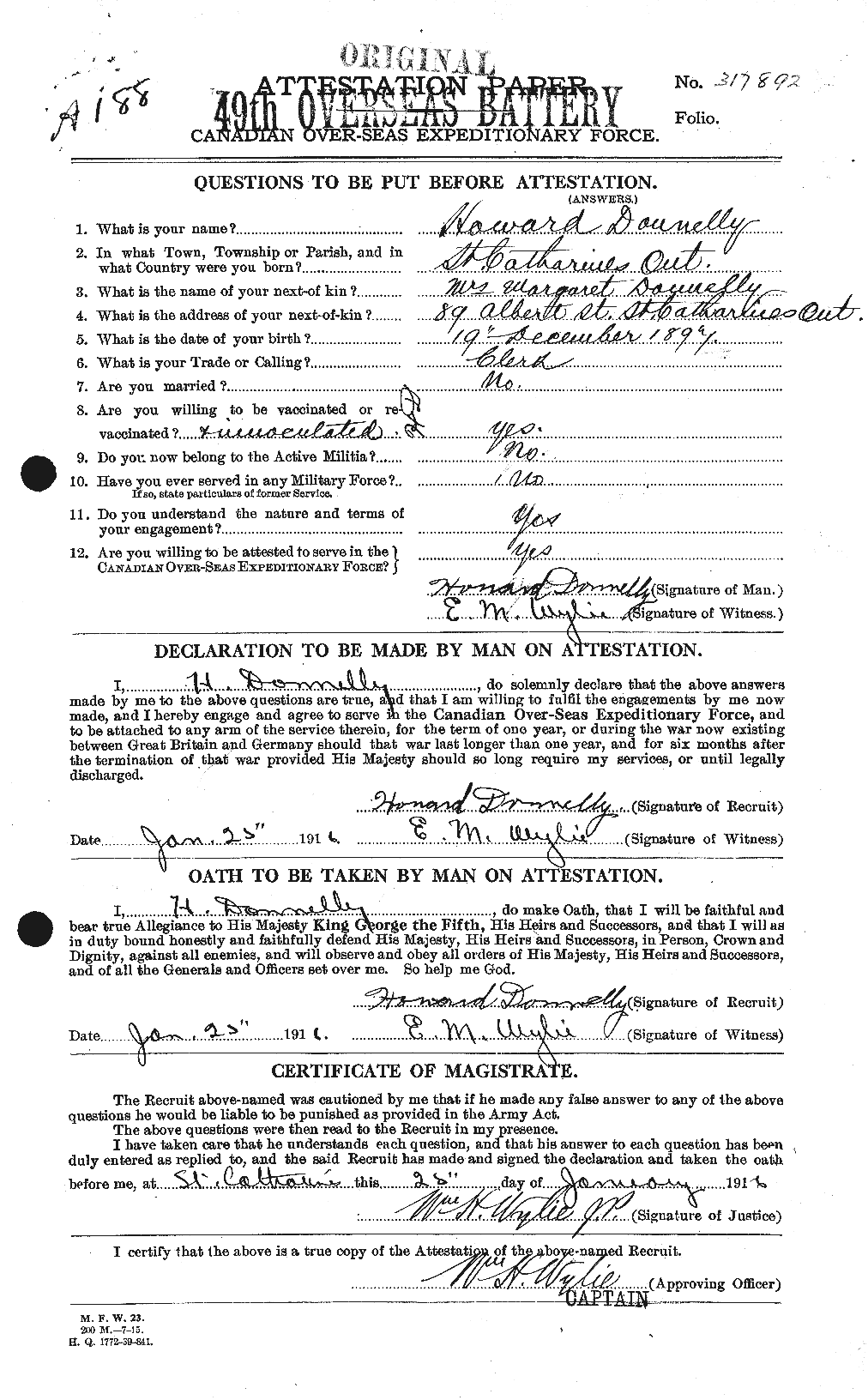 Dossiers du Personnel de la Première Guerre mondiale - CEC 294819a