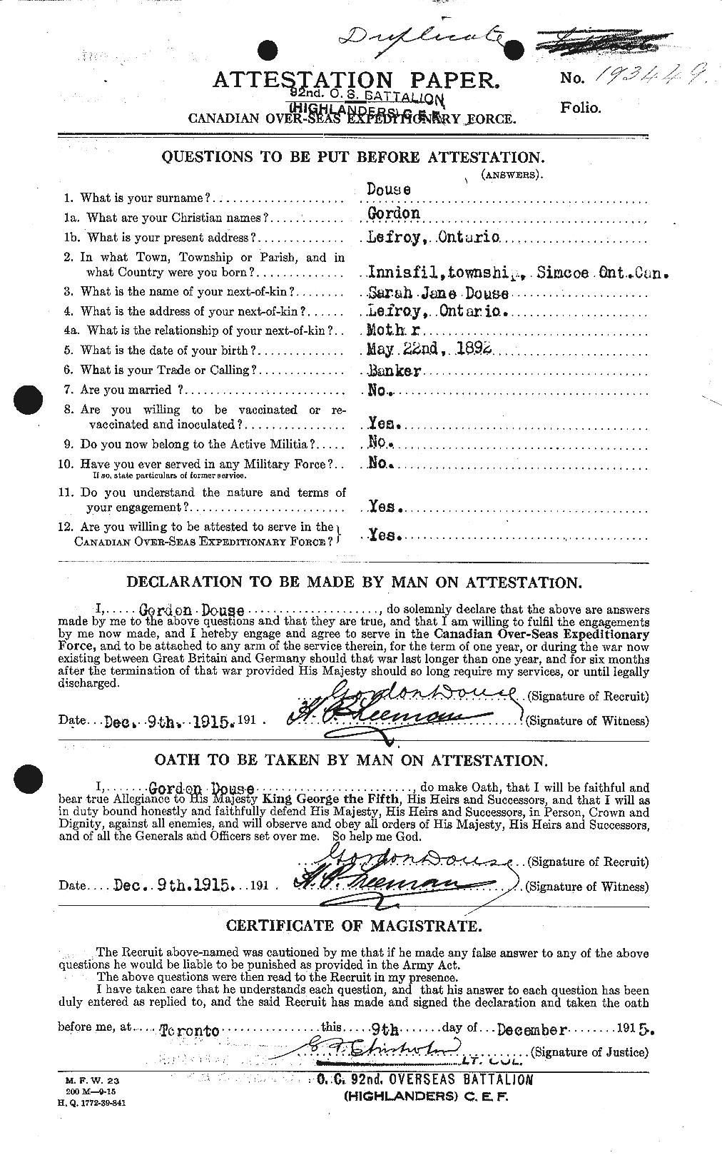 Dossiers du Personnel de la Première Guerre mondiale - CEC 296893a