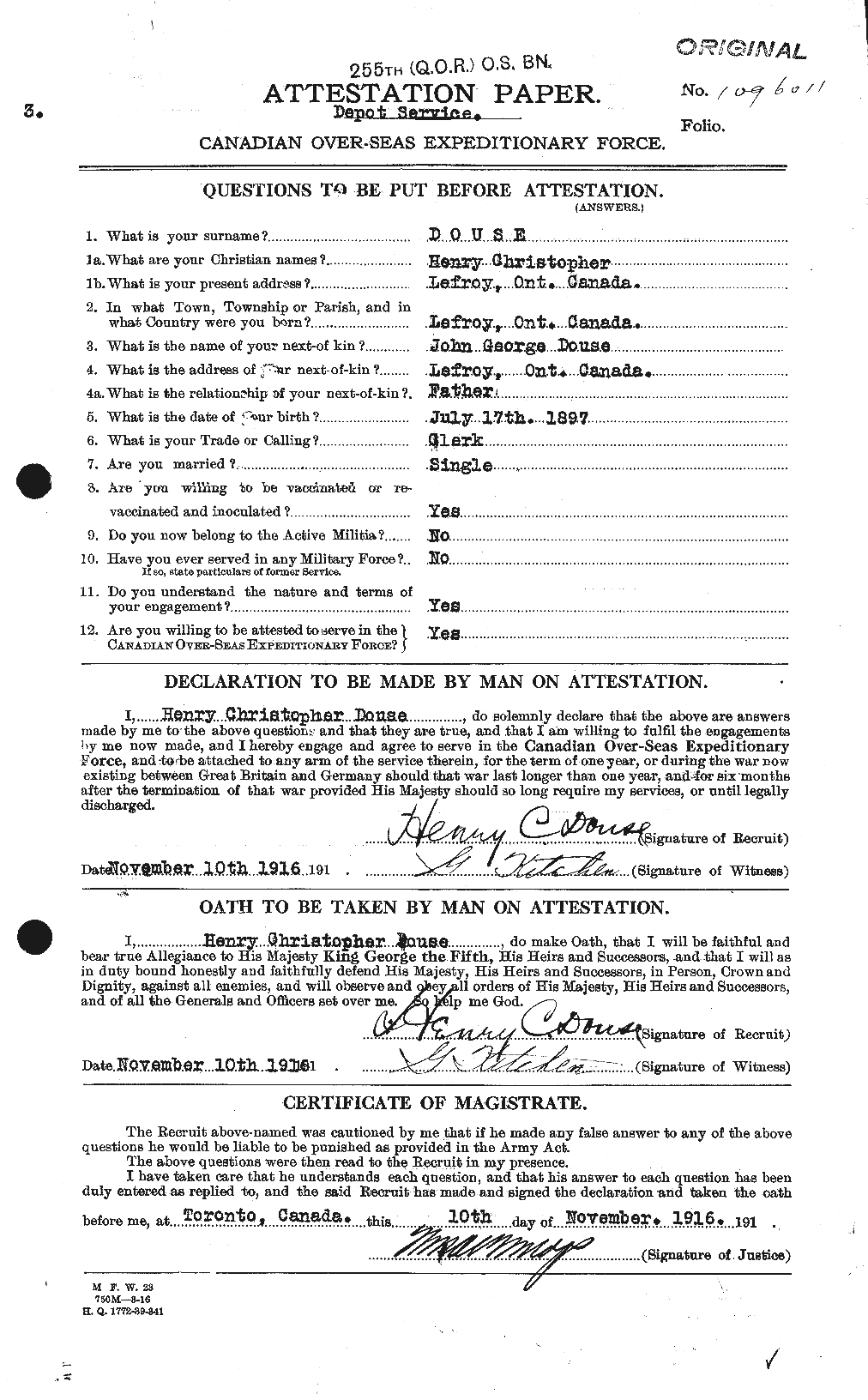 Dossiers du Personnel de la Première Guerre mondiale - CEC 296894a