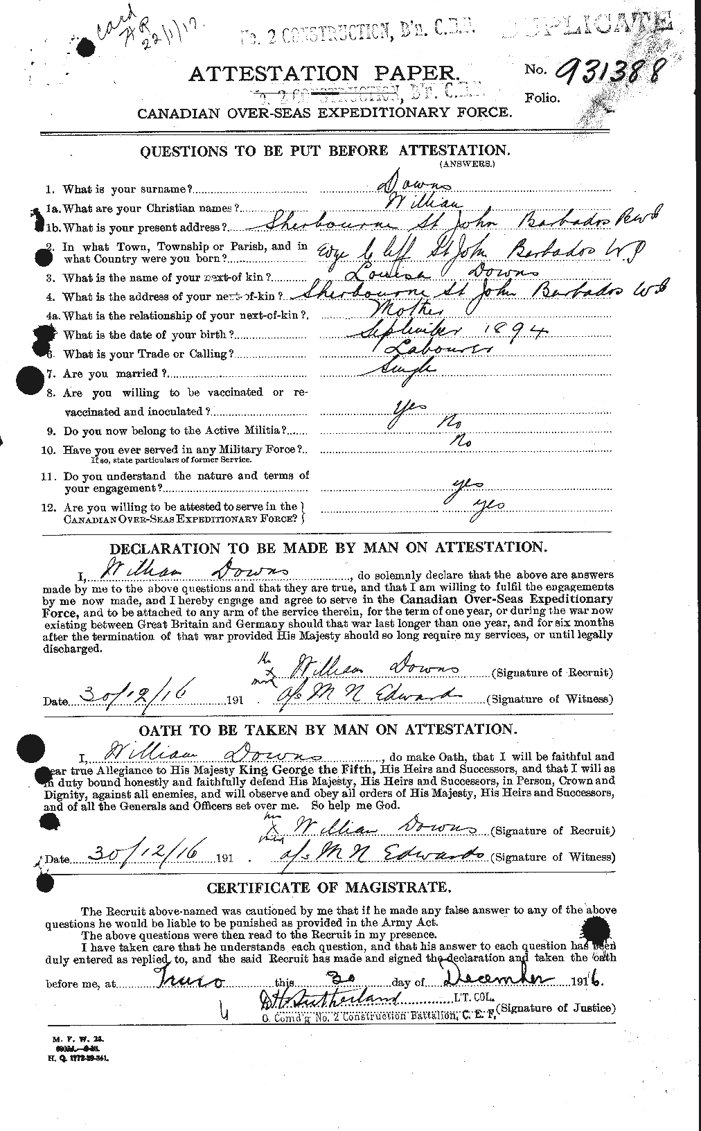 Dossiers du Personnel de la Première Guerre mondiale - CEC 297331a