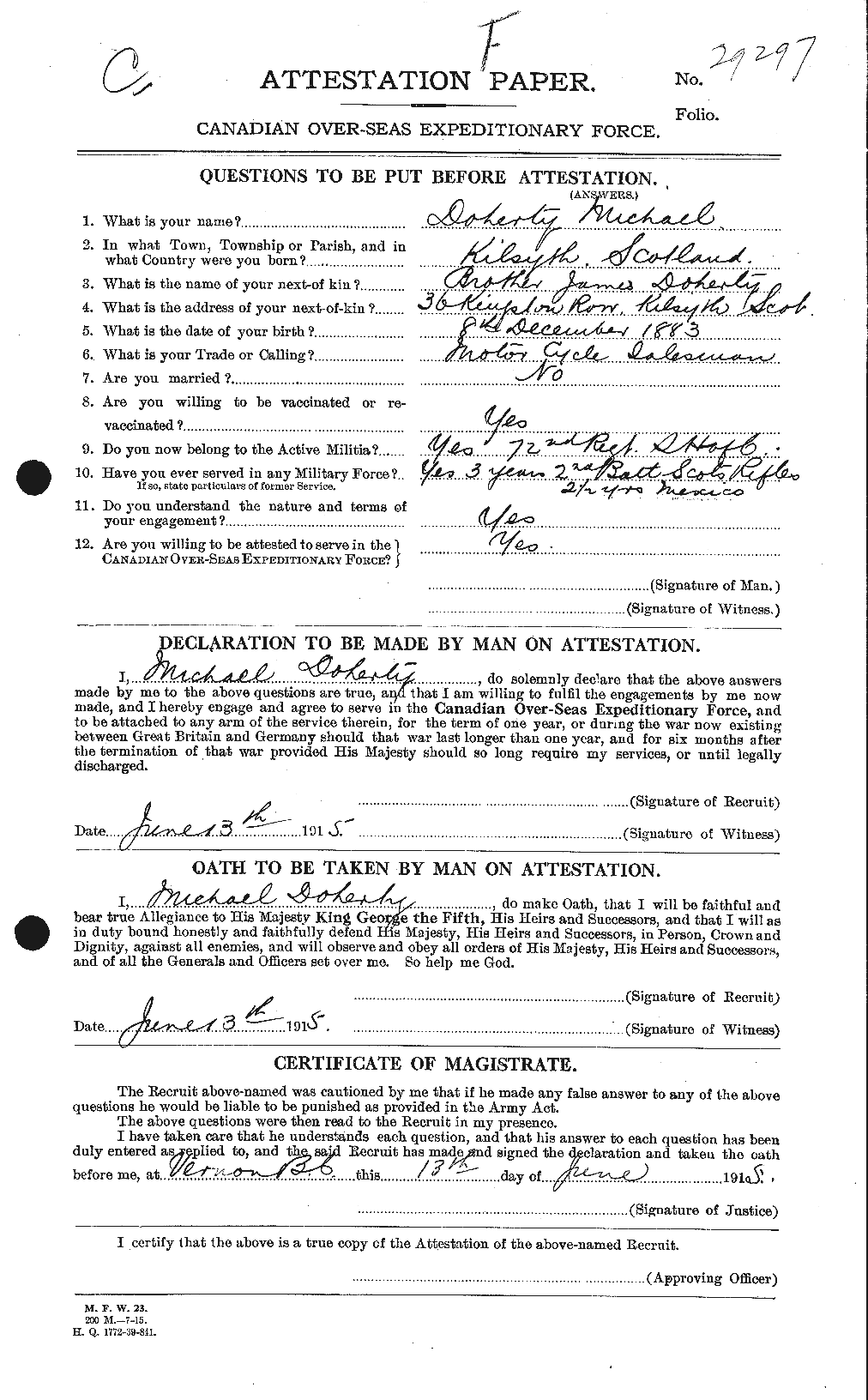 Dossiers du Personnel de la Première Guerre mondiale - CEC 297622a