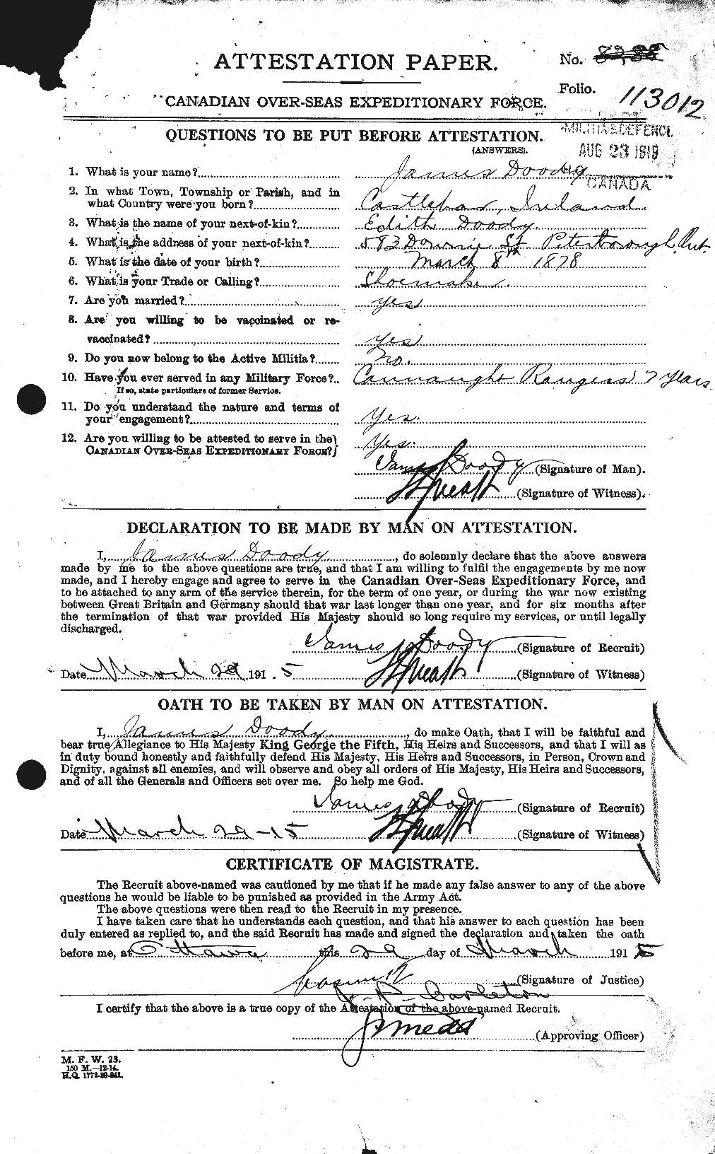Dossiers du Personnel de la Première Guerre mondiale - CEC 298054a