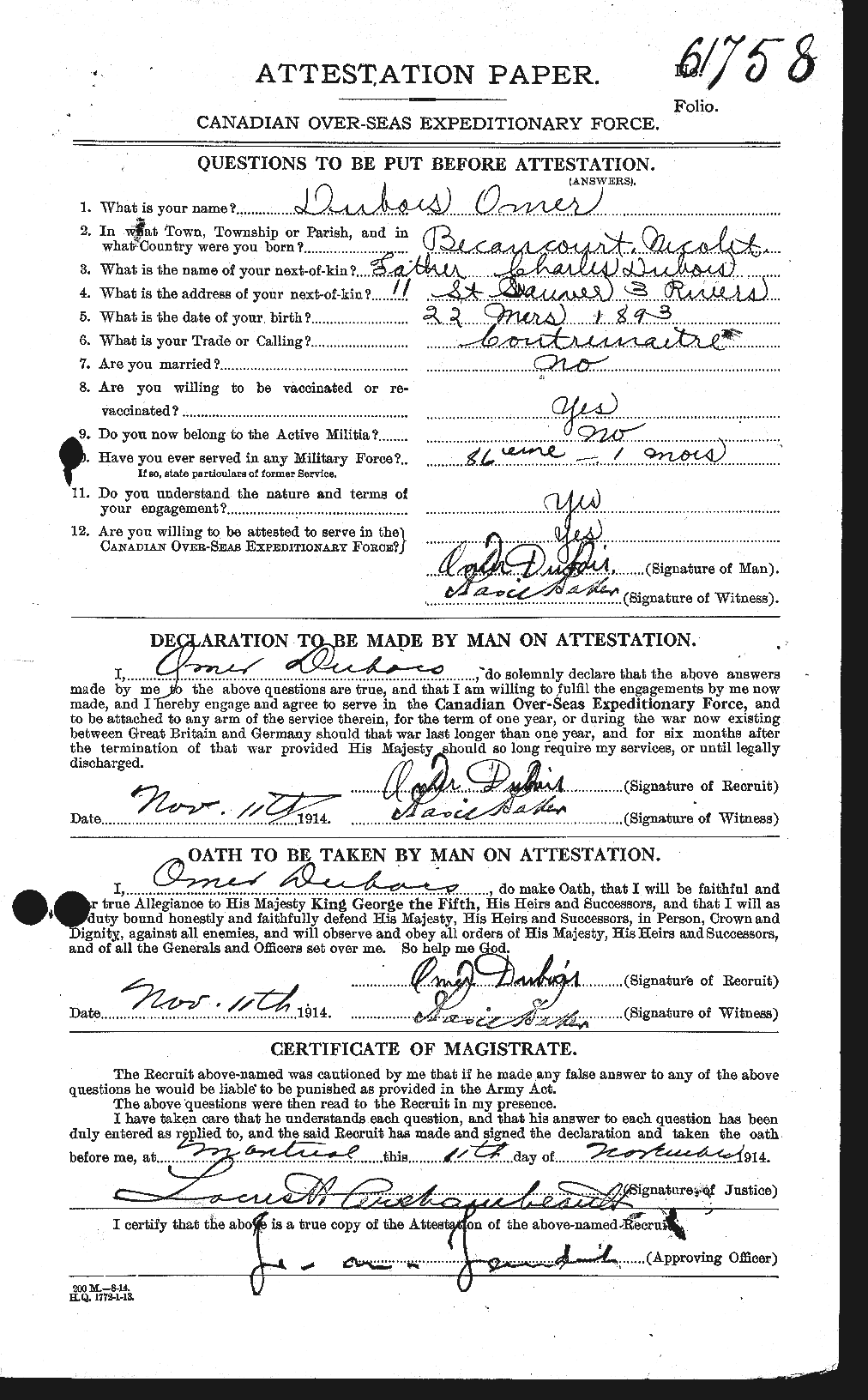 Dossiers du Personnel de la Première Guerre mondiale - CEC 300484a
