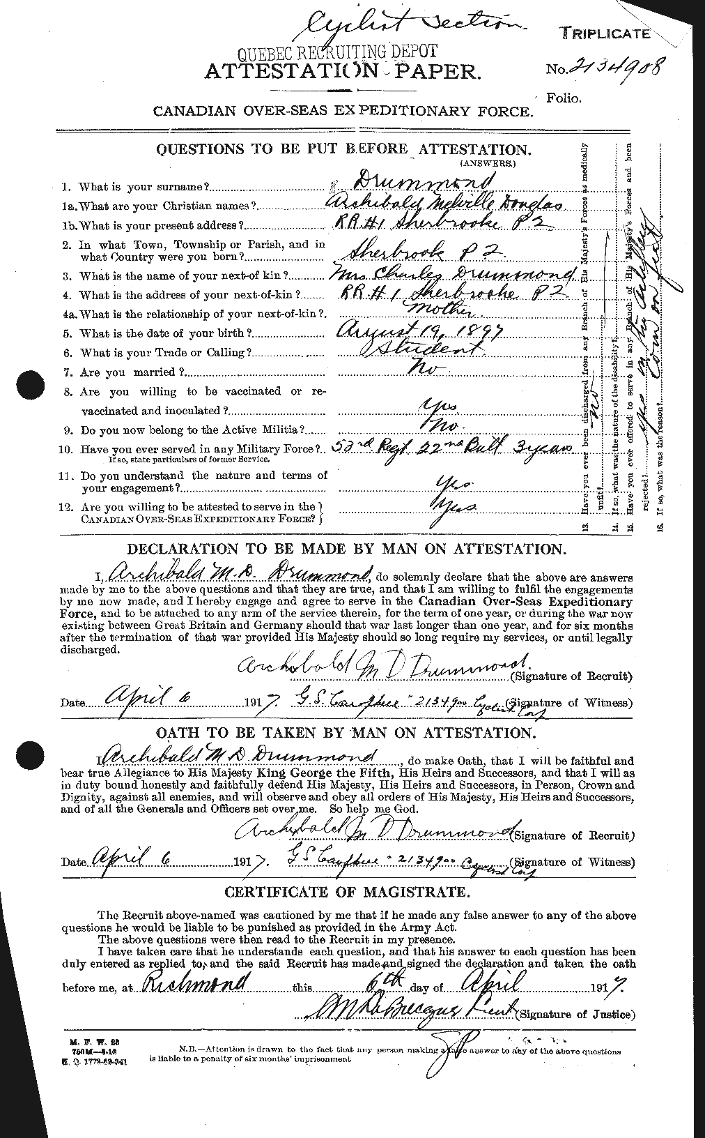 Dossiers du Personnel de la Première Guerre mondiale - CEC 300842a