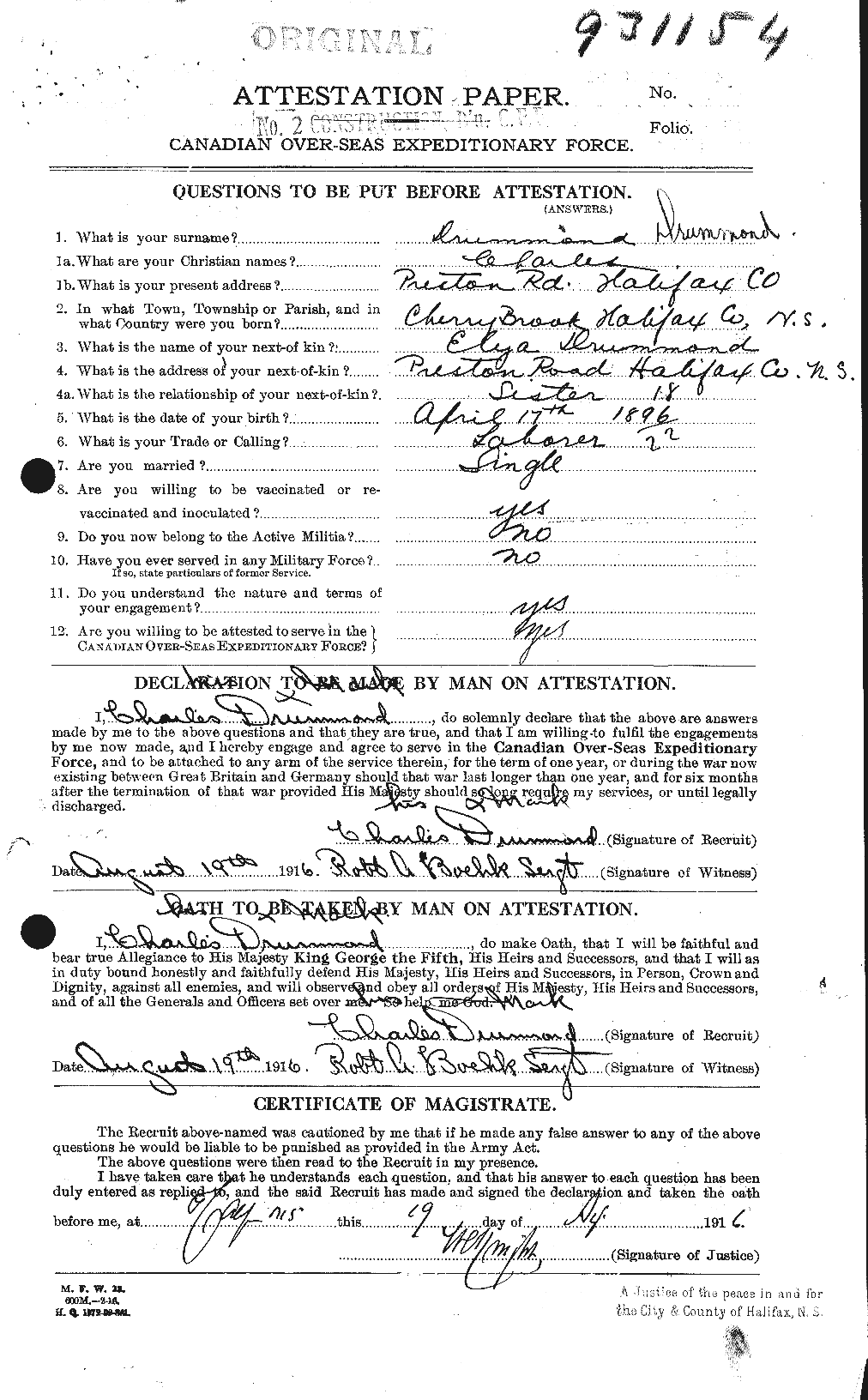 Dossiers du Personnel de la Première Guerre mondiale - CEC 300850a