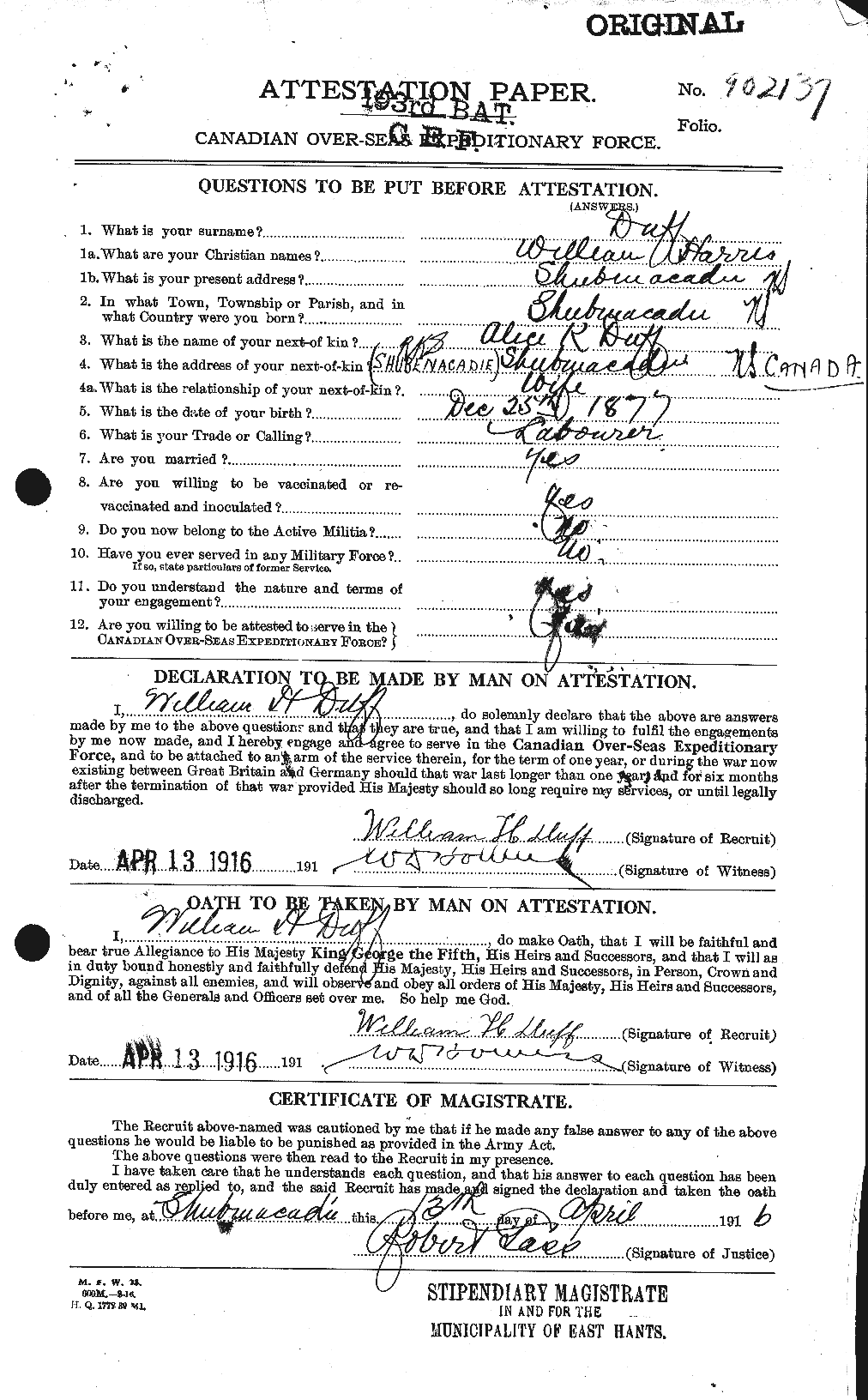 Dossiers du Personnel de la Première Guerre mondiale - CEC 301164a