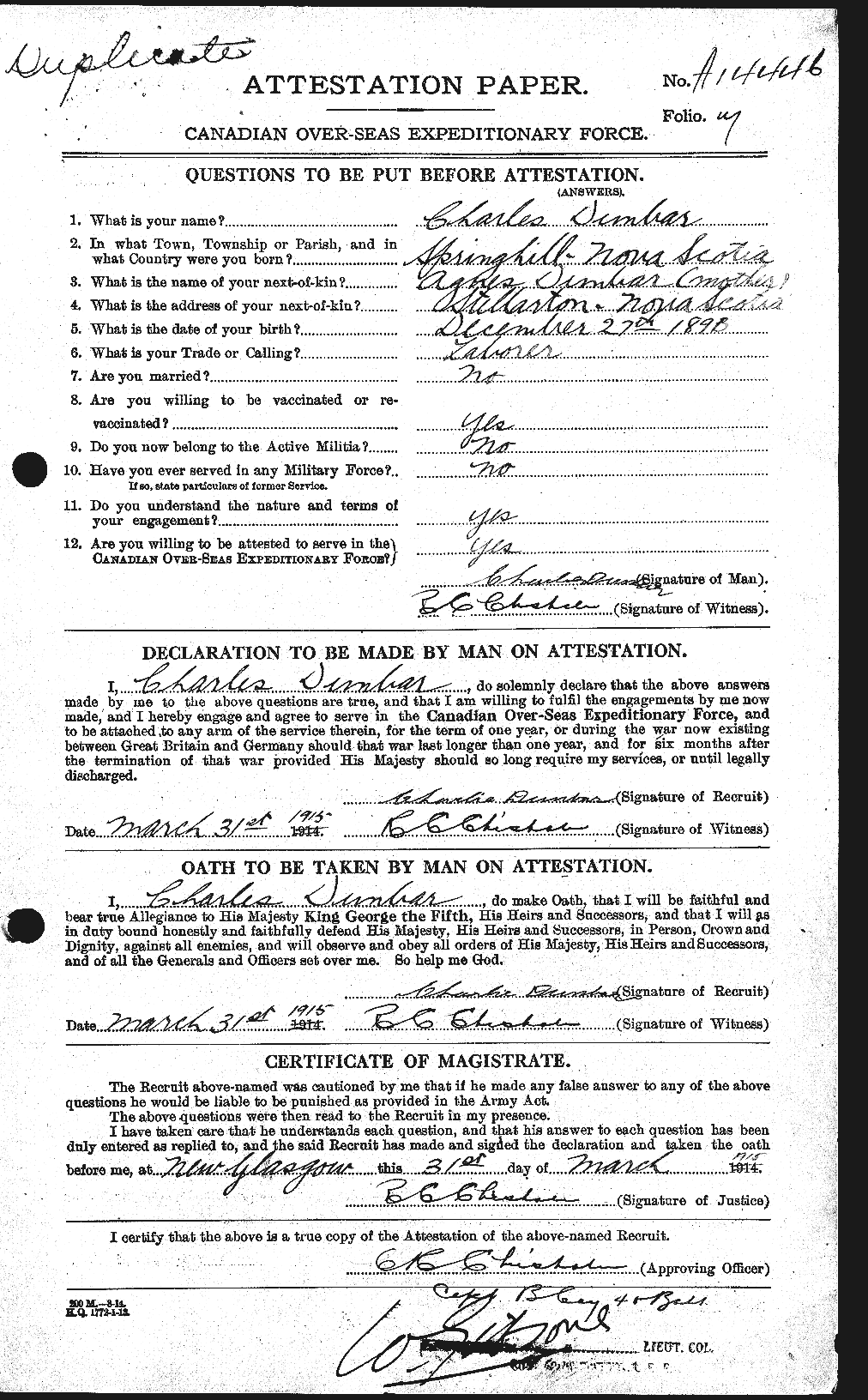 Dossiers du Personnel de la Première Guerre mondiale - CEC 301469a