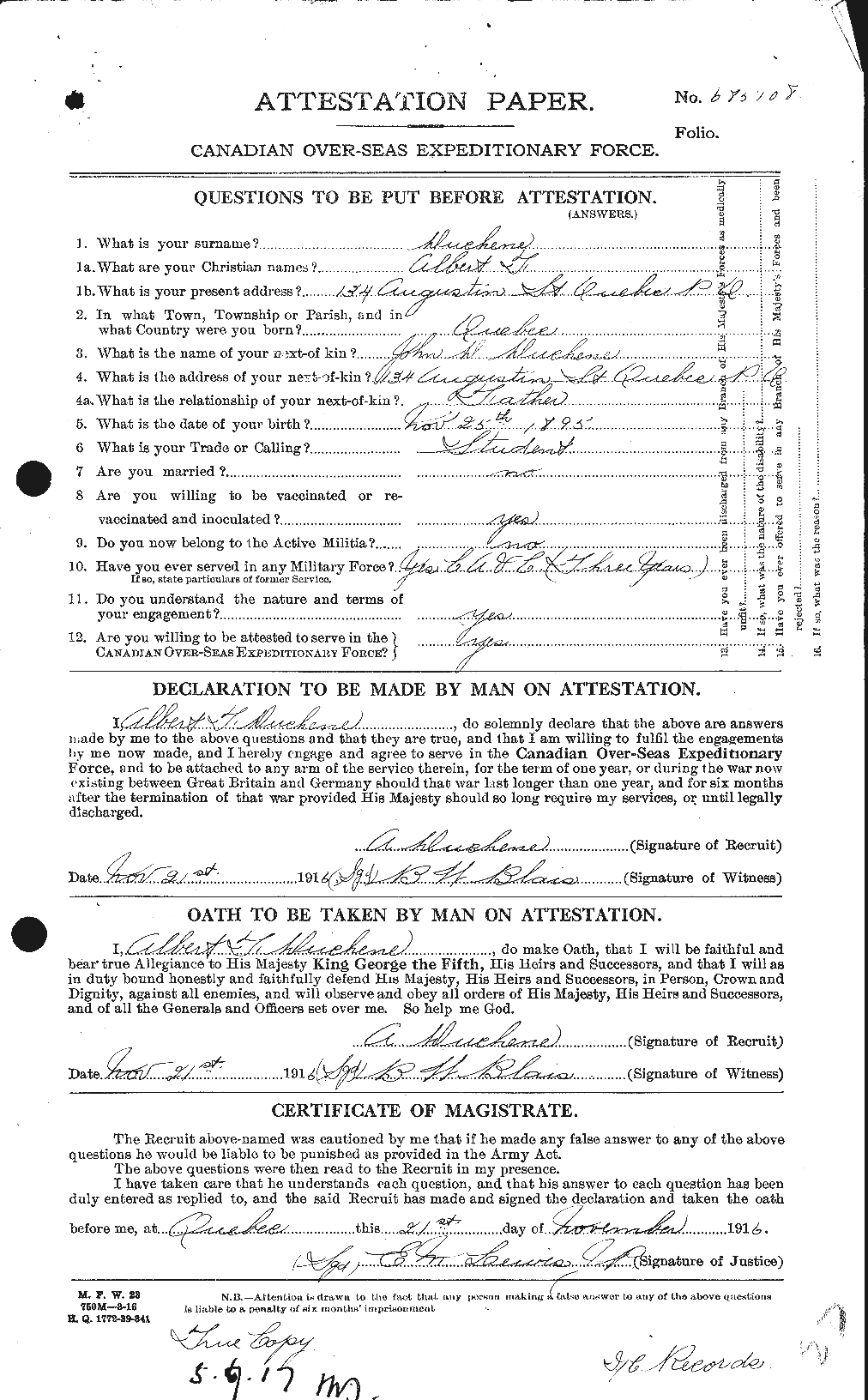 Dossiers du Personnel de la Première Guerre mondiale - CEC 302358a