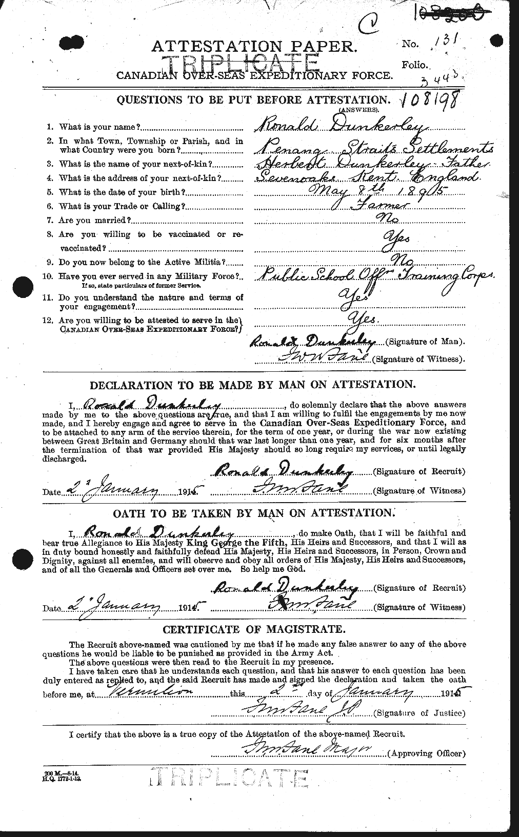 Dossiers du Personnel de la Première Guerre mondiale - CEC 303640a