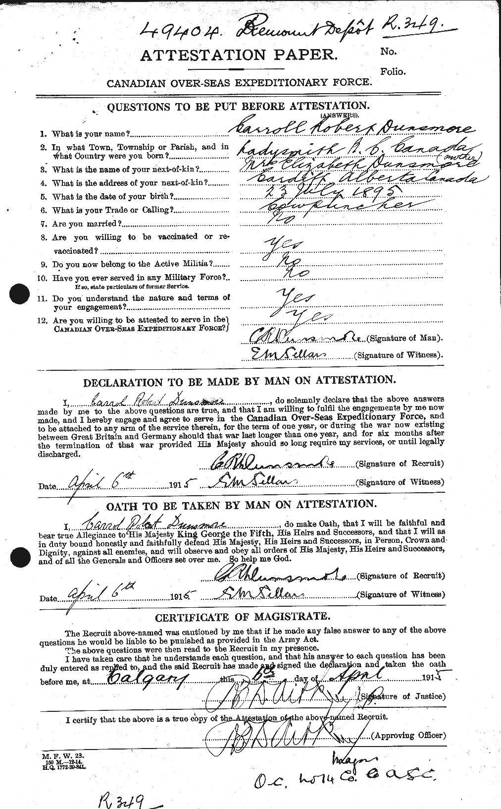 Dossiers du Personnel de la Première Guerre mondiale - CEC 304898a