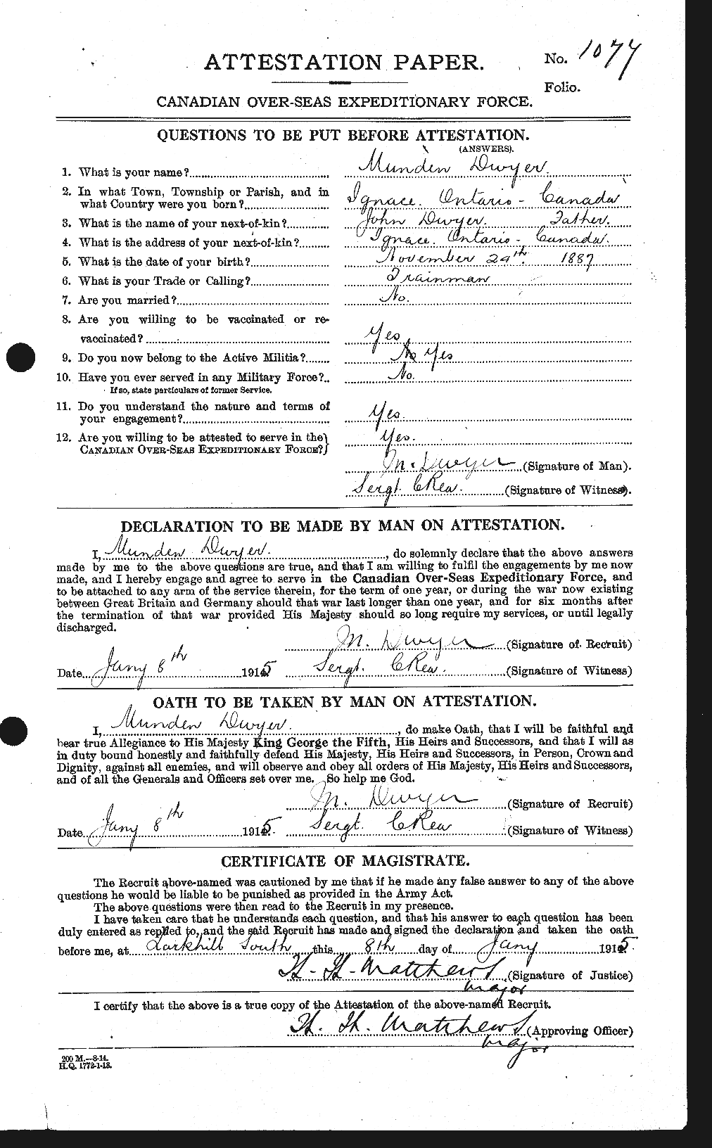 Dossiers du Personnel de la Première Guerre mondiale - CEC 305674a