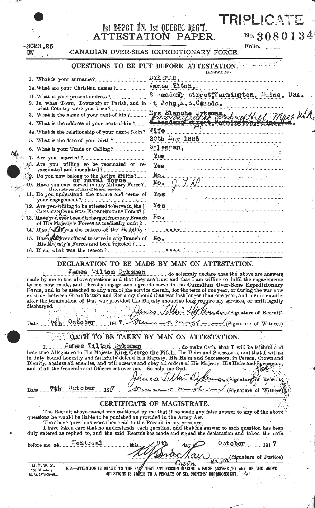 Dossiers du Personnel de la Première Guerre mondiale - CEC 307257a
