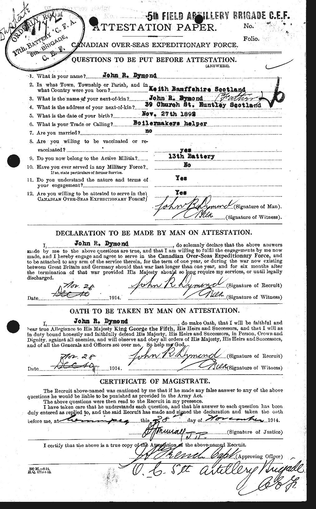 Dossiers du Personnel de la Première Guerre mondiale - CEC 307321a