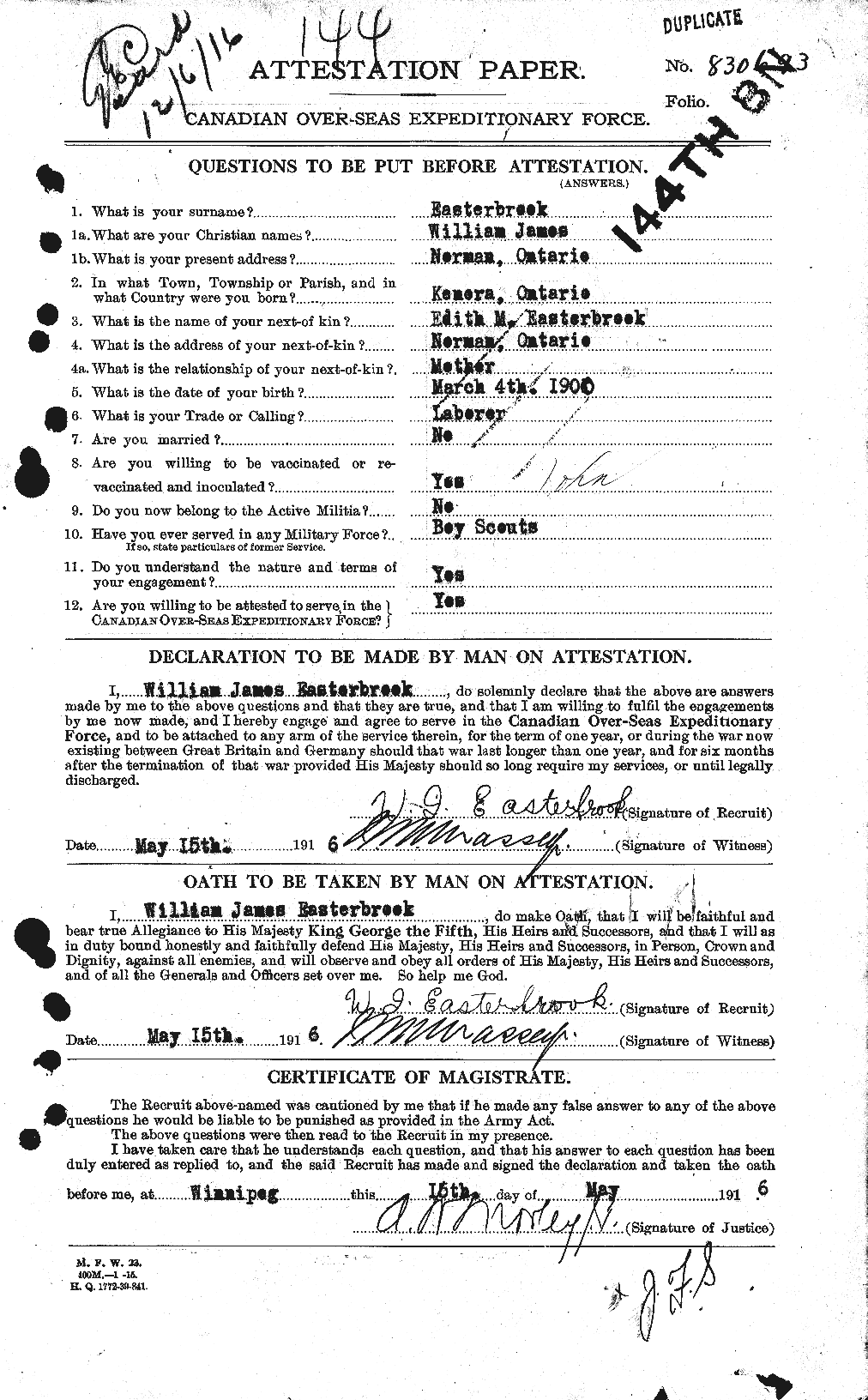 Dossiers du Personnel de la Première Guerre mondiale - CEC 307726a