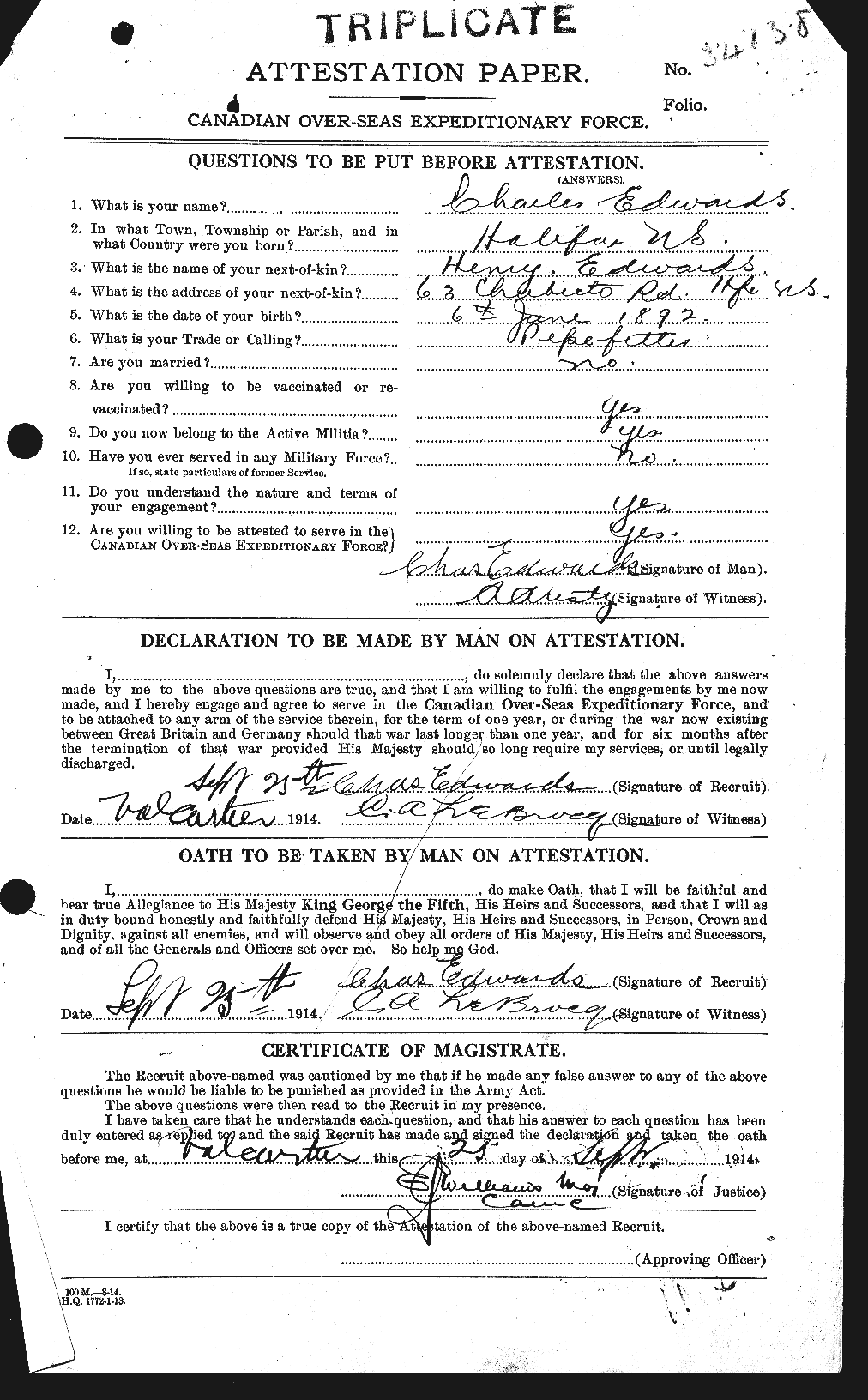 Dossiers du Personnel de la Première Guerre mondiale - CEC 307822a