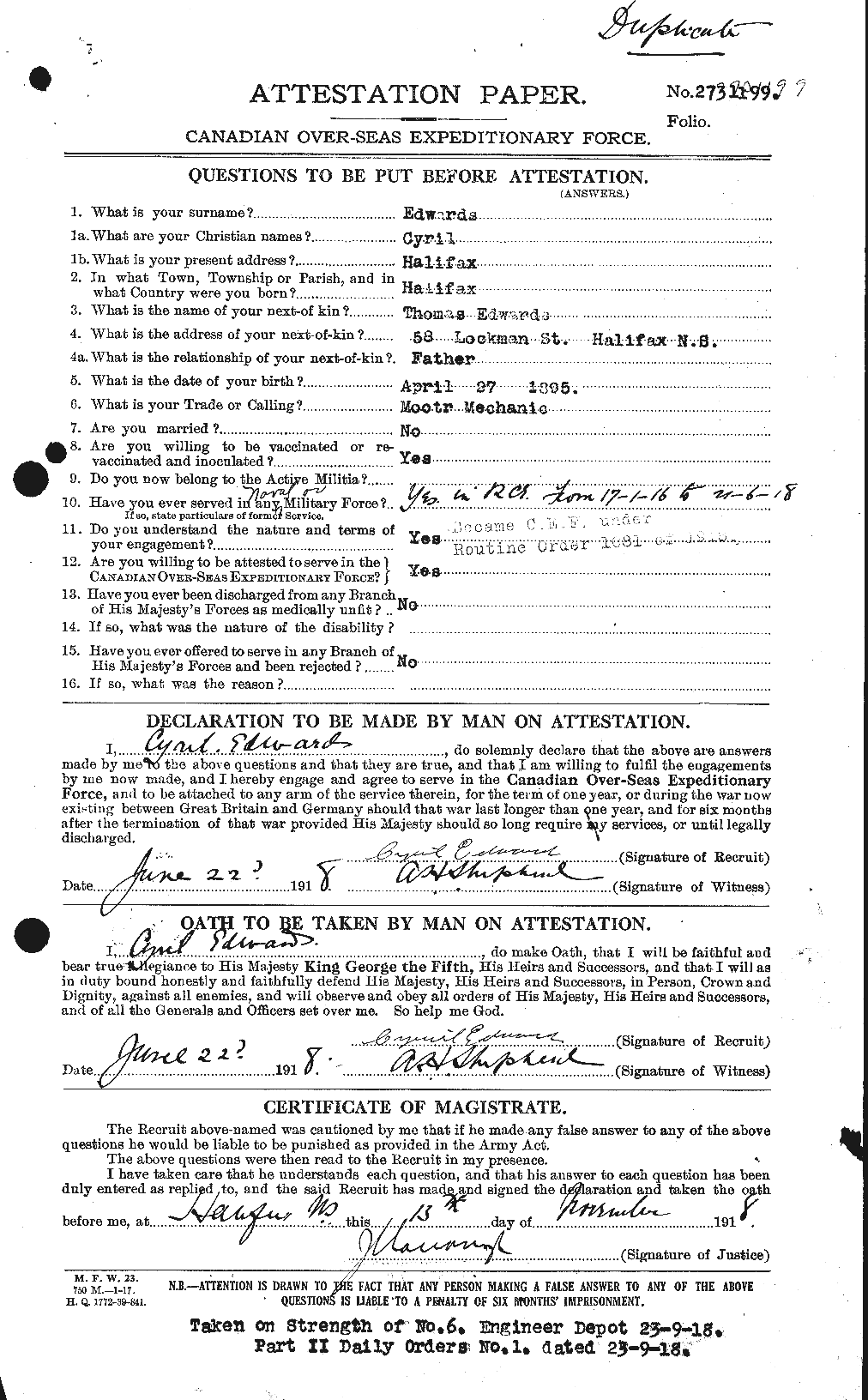 Personnel Records of the First World War - CEF 307861a
