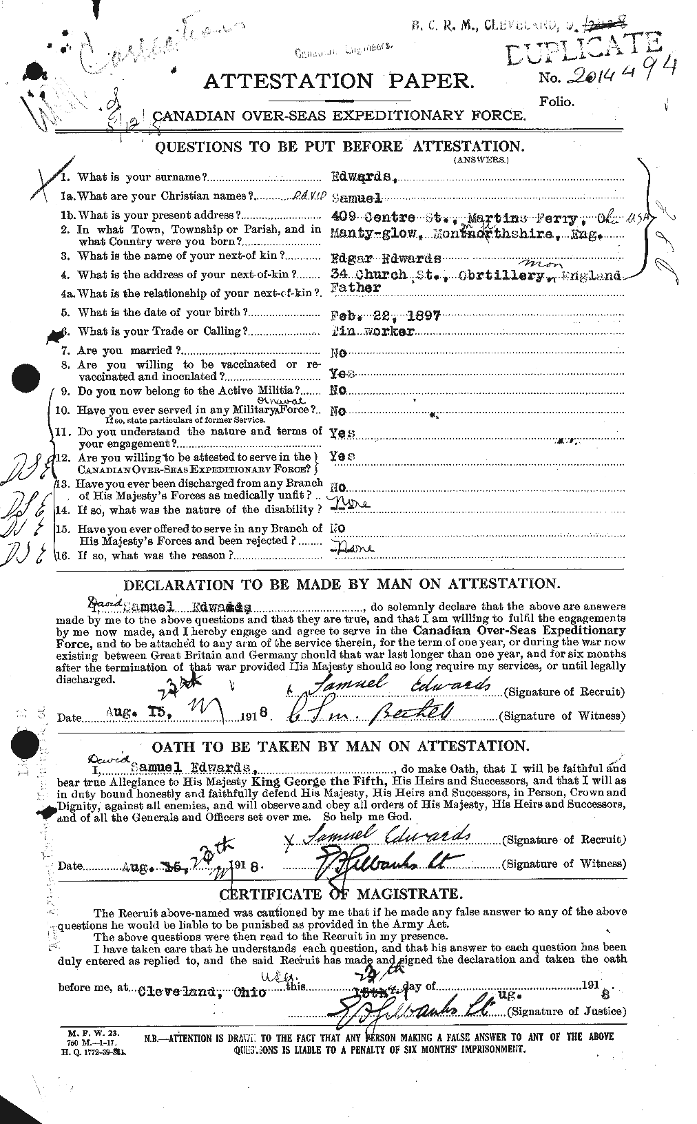 Personnel Records of the First World War - CEF 307882a