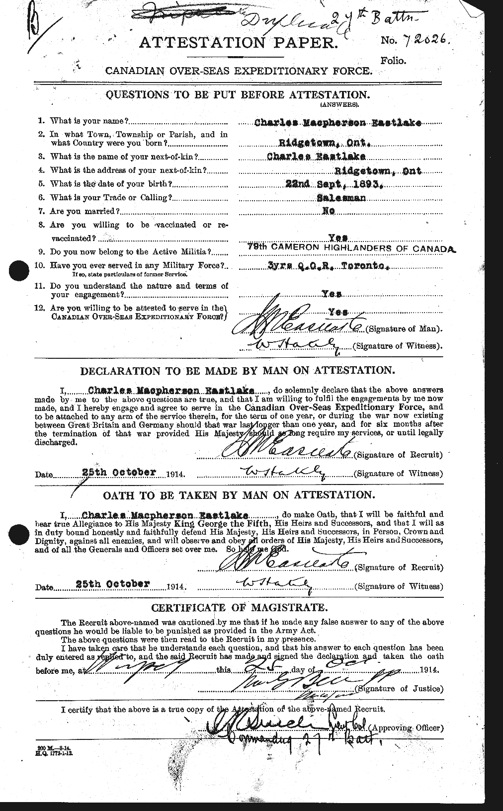 Dossiers du Personnel de la Première Guerre mondiale - CEC 307933a