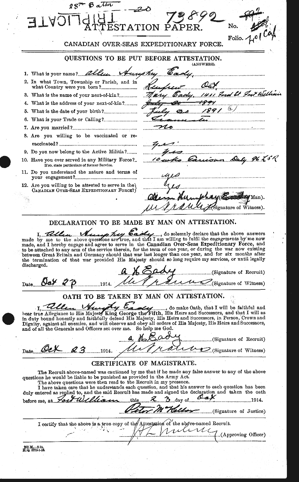 Dossiers du Personnel de la Première Guerre mondiale - CEC 308075a