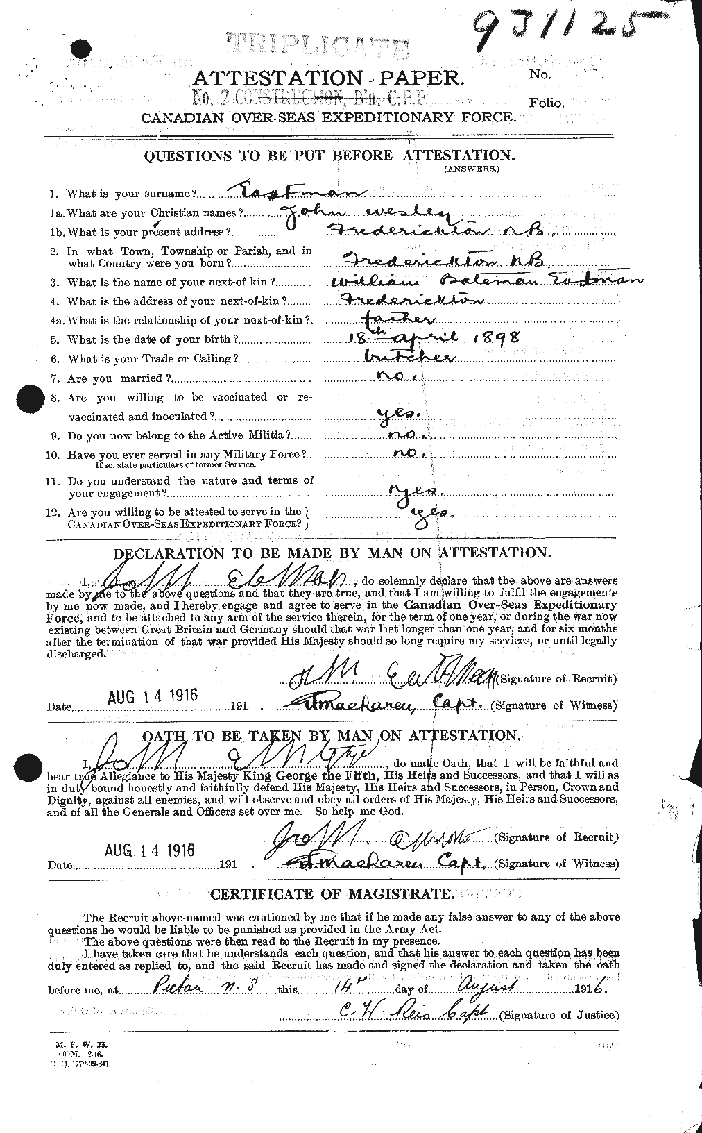 Dossiers du Personnel de la Première Guerre mondiale - CEC 308347a