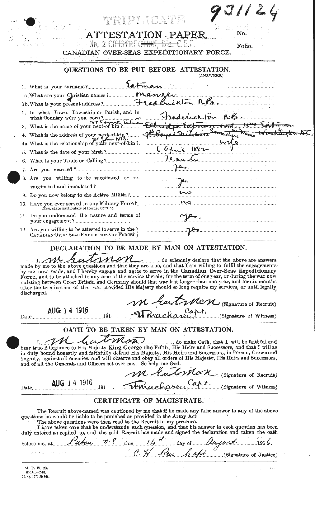 Dossiers du Personnel de la Première Guerre mondiale - CEC 308348a