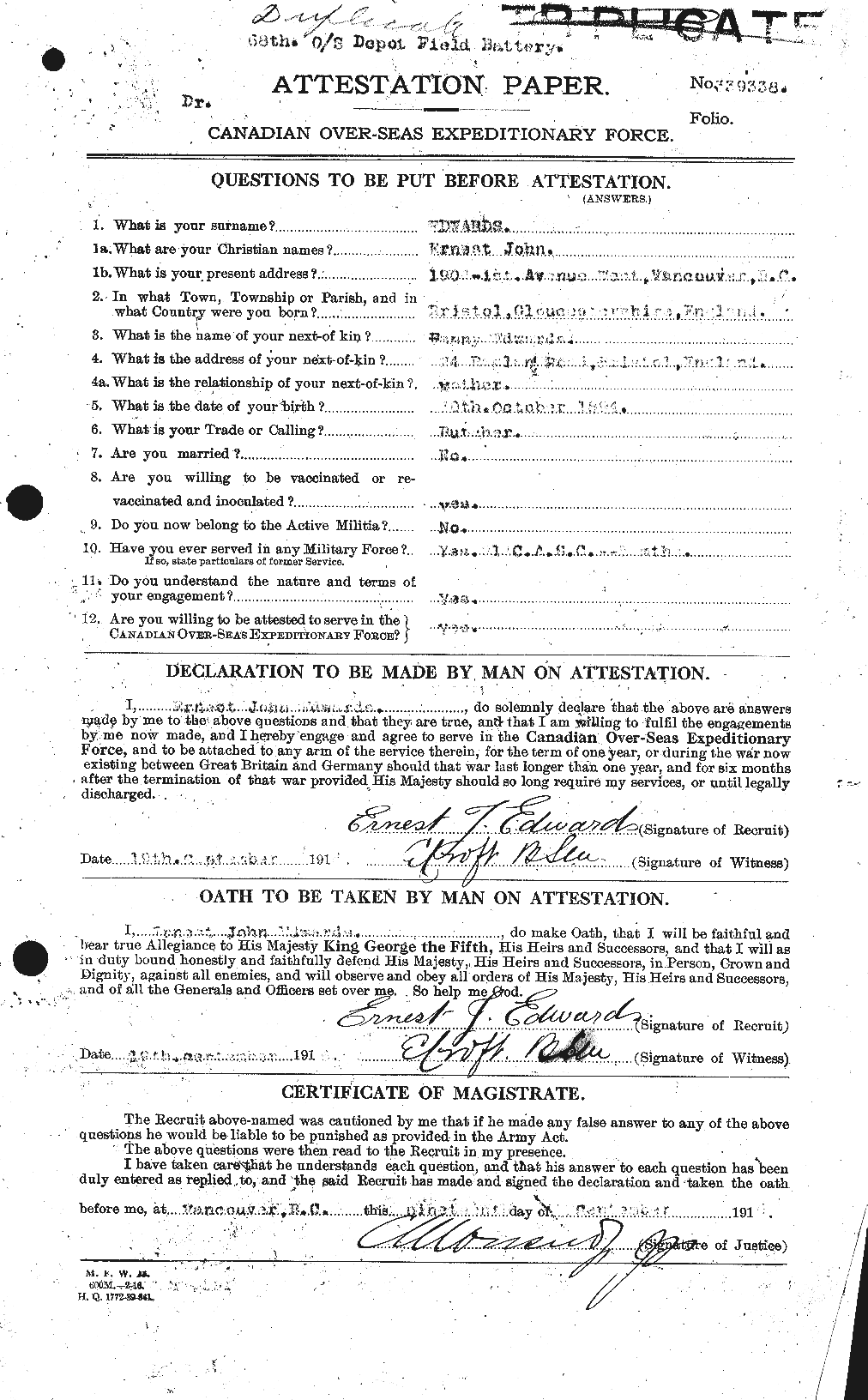 Personnel Records of the First World War - CEF 309012a