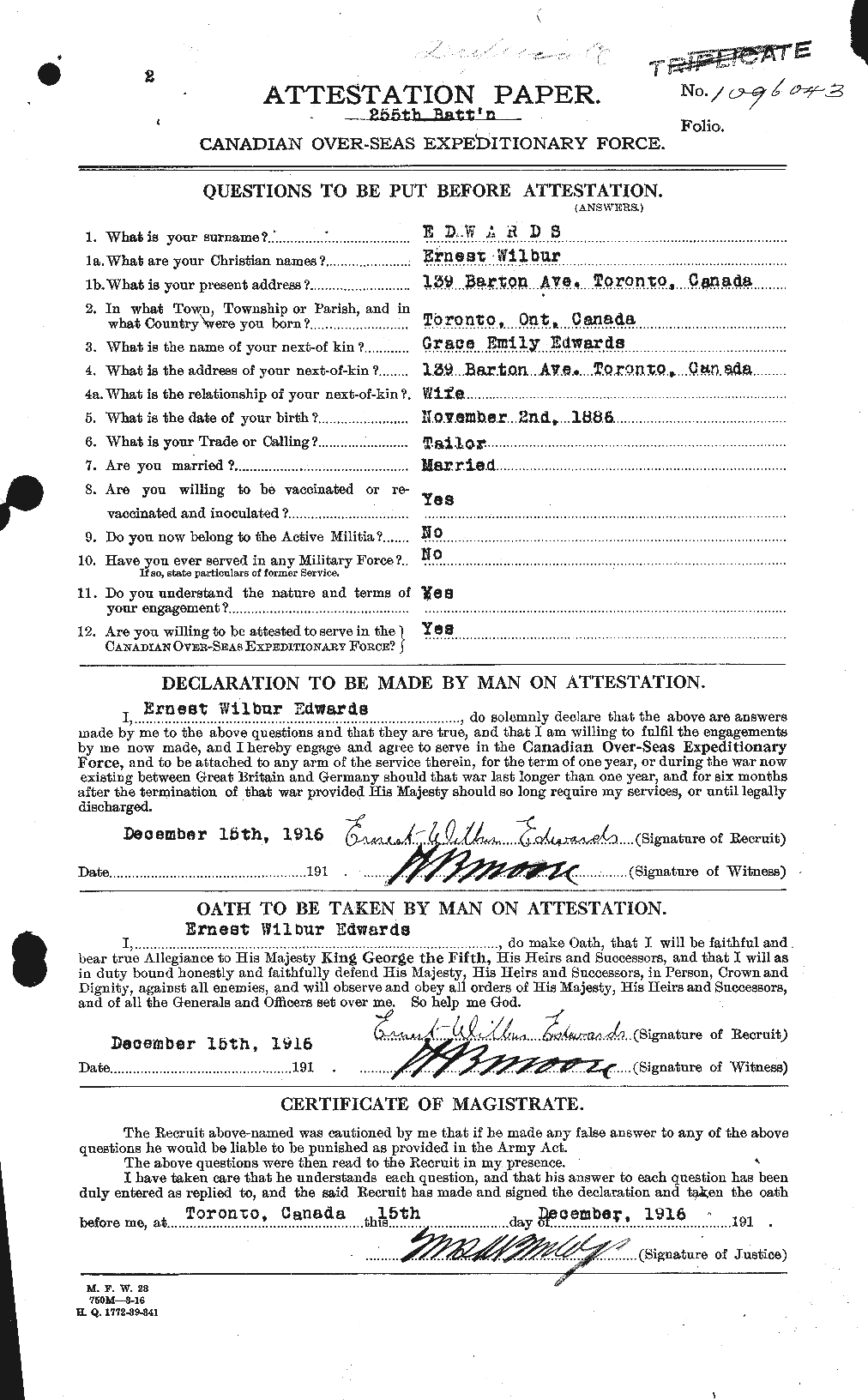 Dossiers du Personnel de la Première Guerre mondiale - CEC 309017a