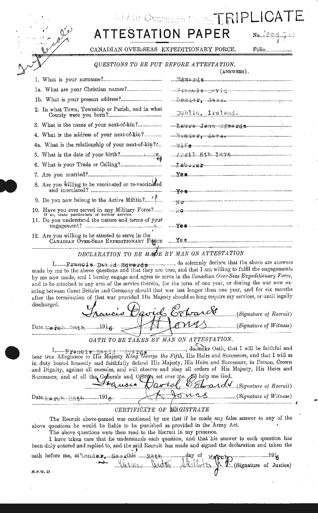 Dossiers du Personnel de la Première Guerre mondiale - CEC 309034a