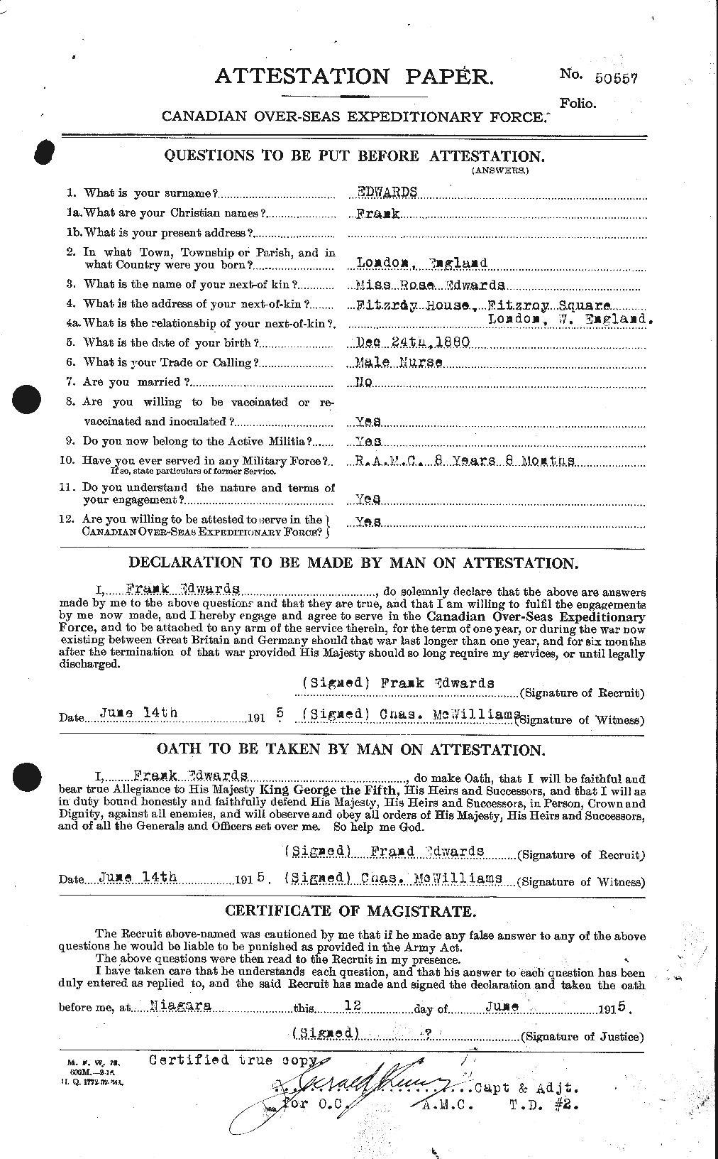 Dossiers du Personnel de la Première Guerre mondiale - CEC 309042a