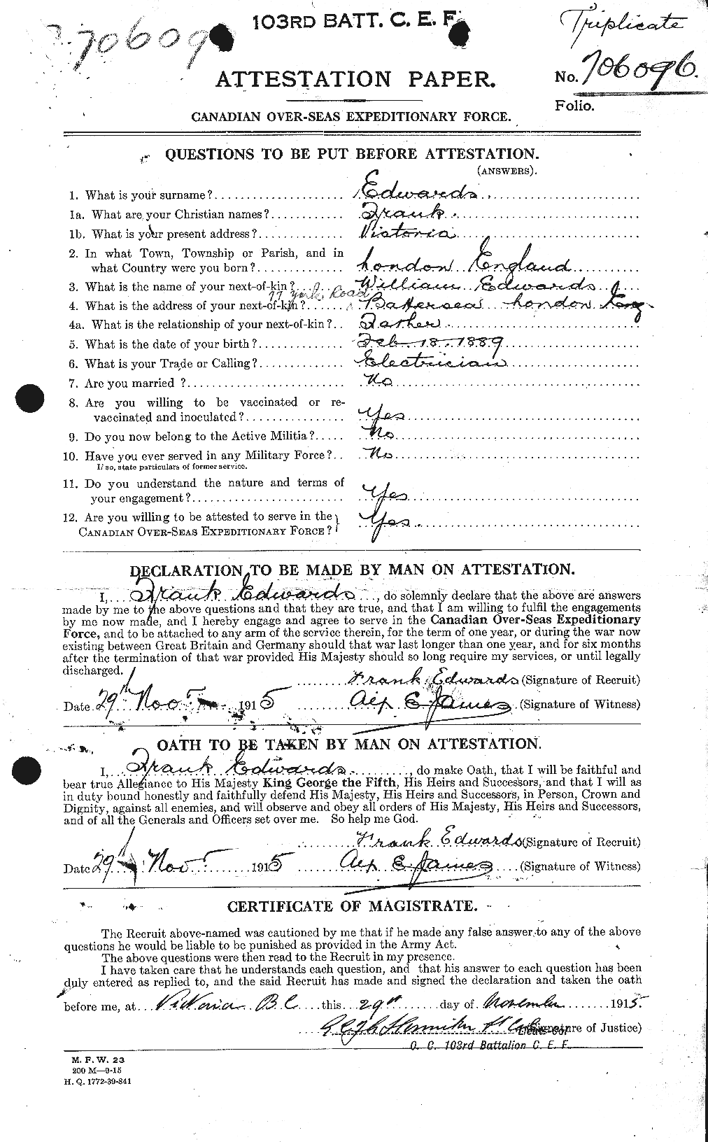 Dossiers du Personnel de la Première Guerre mondiale - CEC 309043a