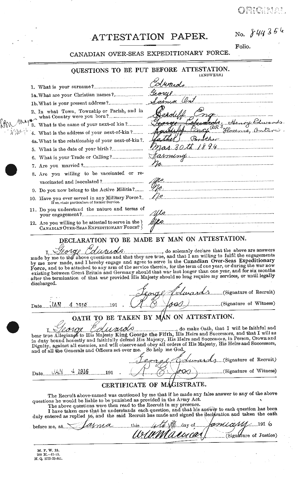 Dossiers du Personnel de la Première Guerre mondiale - CEC 309090a
