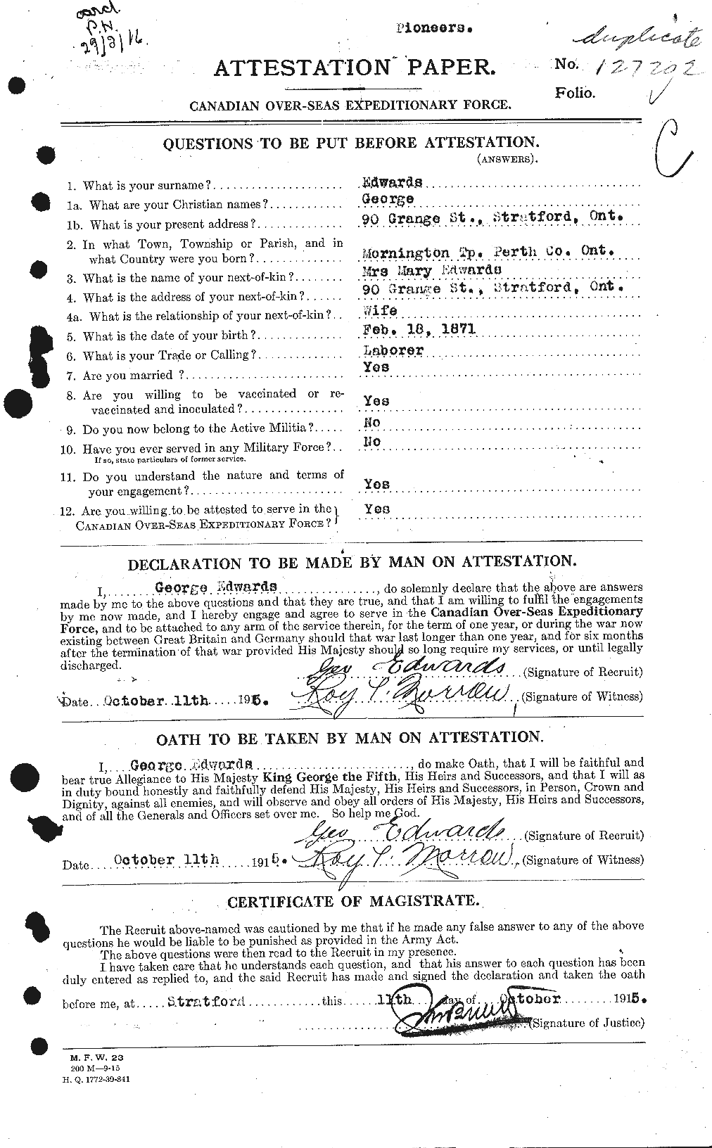 Personnel Records of the First World War - CEF 309101a