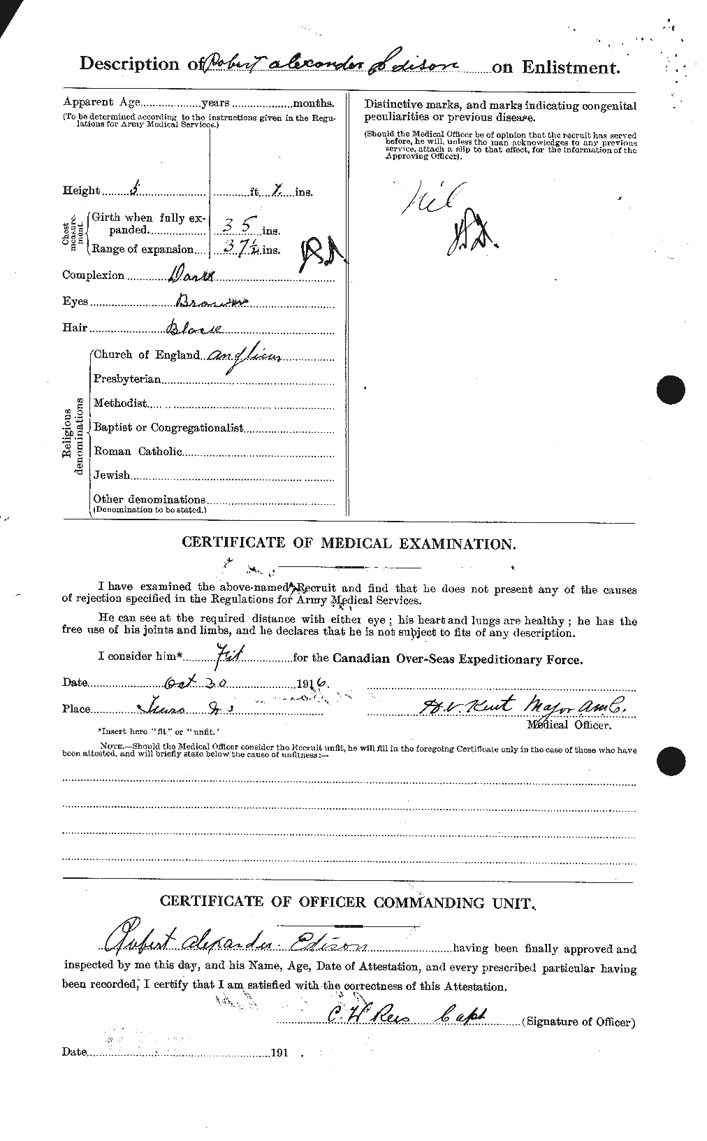 Dossiers du Personnel de la Première Guerre mondiale - CEC 309285b