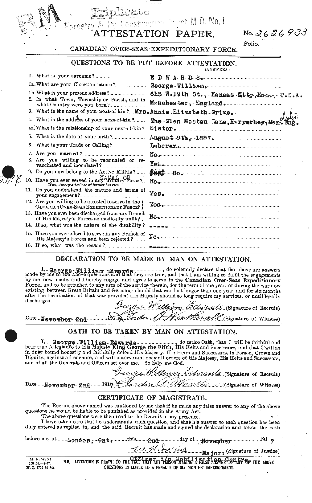 Personnel Records of the First World War - CEF 309698a