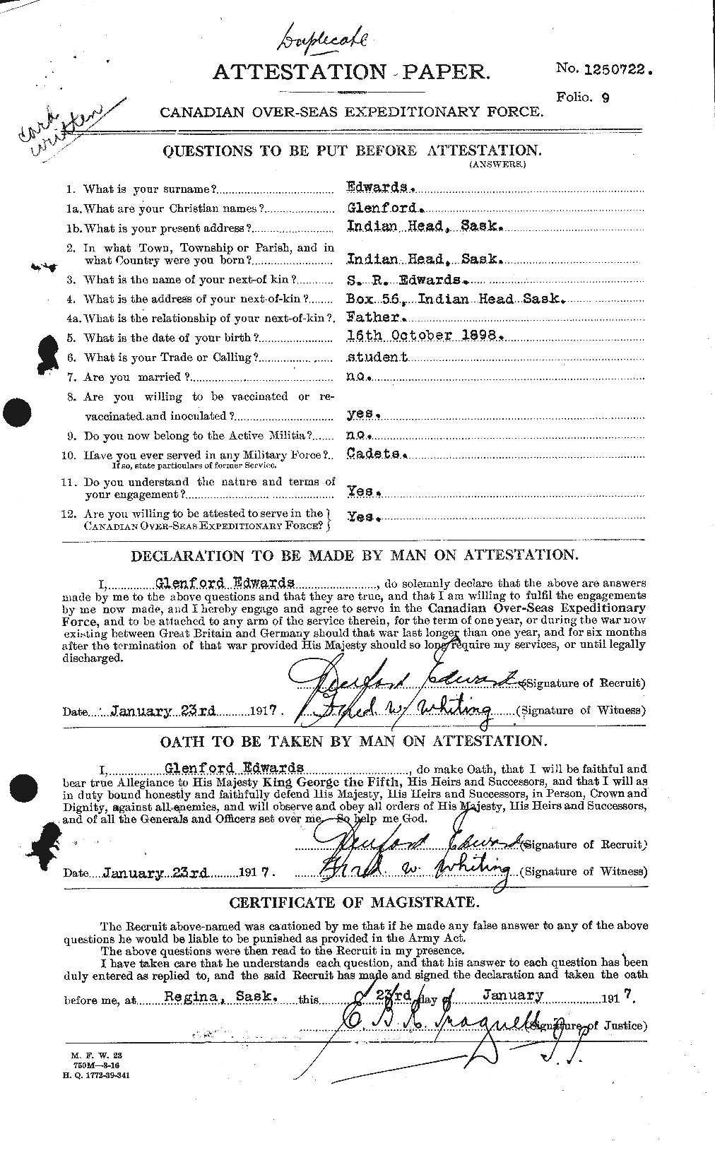 Personnel Records of the First World War - CEF 309703a